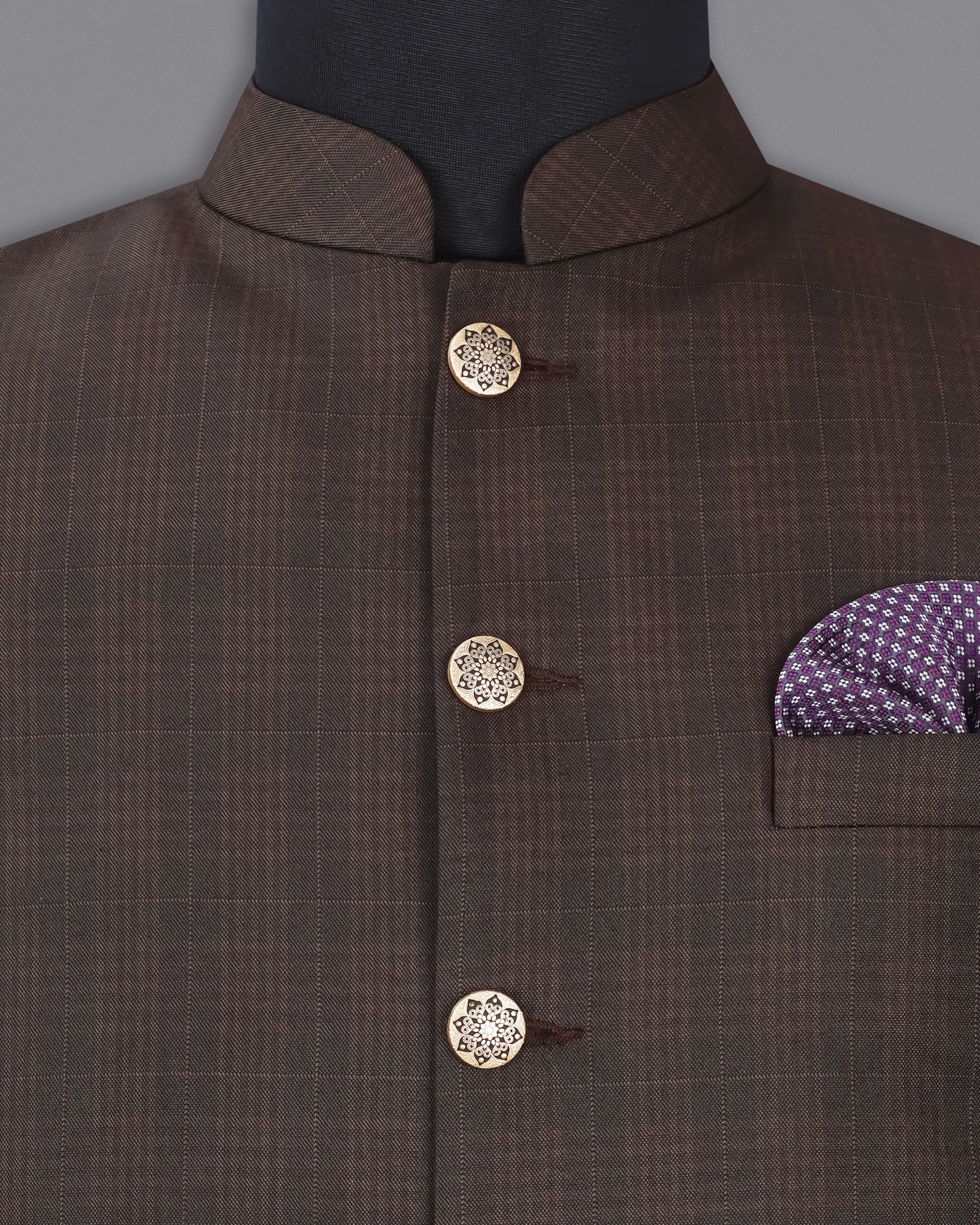 Birch Brown Plaid Nehru Jacket WC1955-36, WC1955-38, WC1955-40, WC1955-42, WC1955-44, WC1955-46, WC1955-48, WC1955-50, WC1955-52, WC1955-54, WC1955-56, WC1955-58, WC1955-60