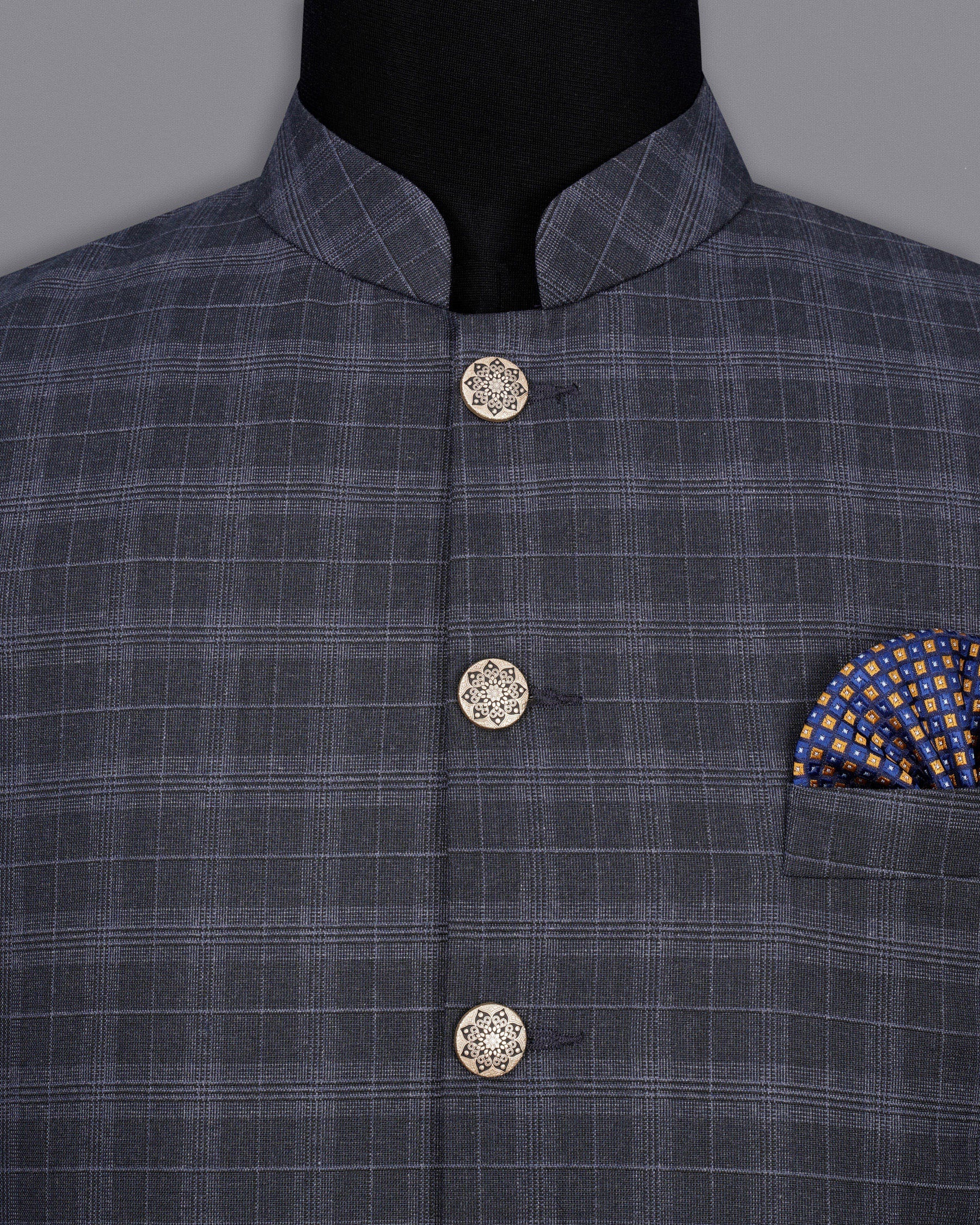 Iridium Dark Gray With Mobster Gray Plaid Nehru Jacket WC2004-36, WC2004-38, WC2004-40, WC2004-42, WC2004-44, WC2004-46, WC2004-48, WC2004-50, WC2004-52, WC2004-54, WC2004-56, WC2004-58, WC2004-60