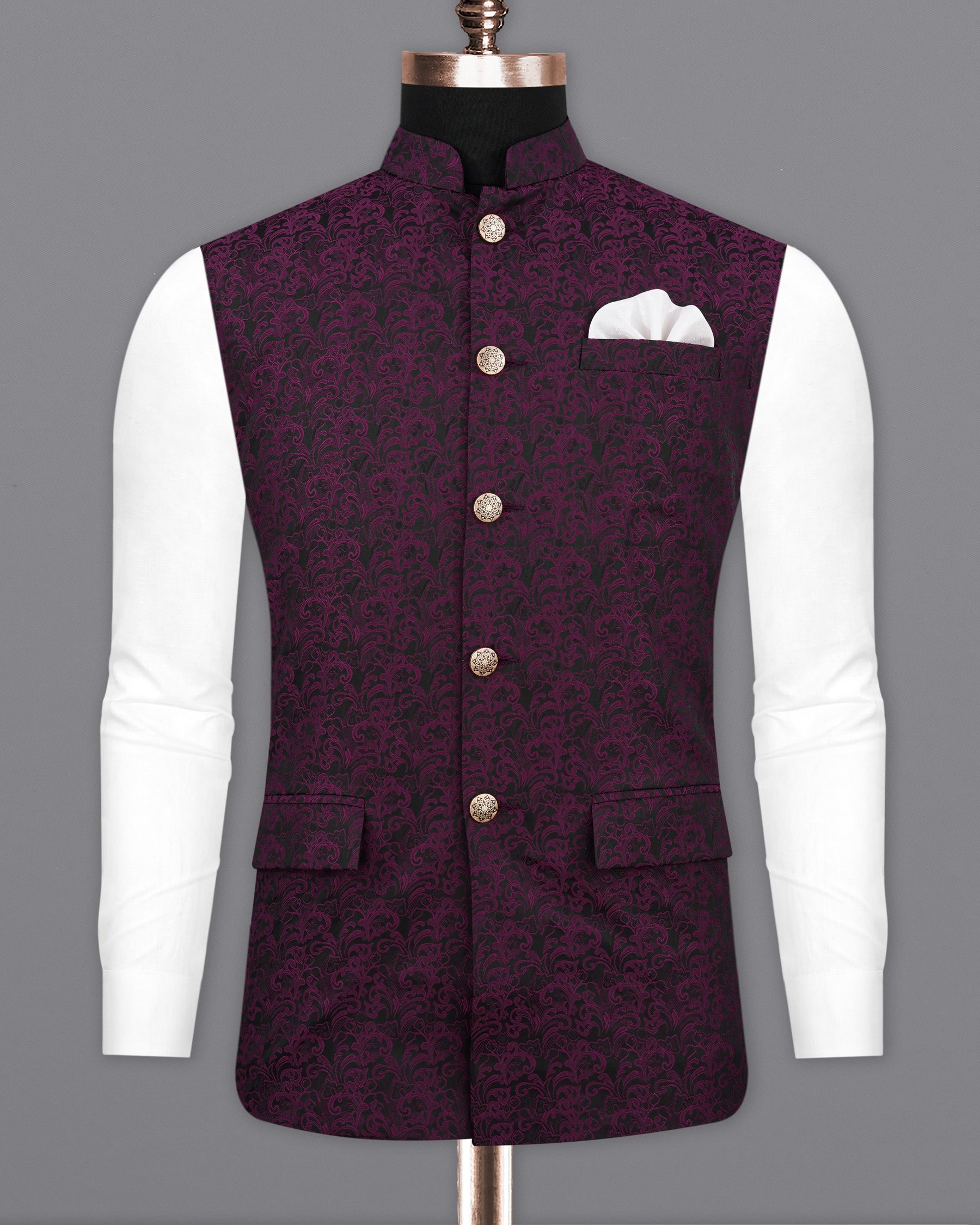 Thunder Dark Maroon with Byzantium Maroon Damask Bandhgala Nehru Jacket WC2159-38, WC2159-39, WC2159-40, WC2159-42, WC2159-44, WC2159-46, WC2159-48, WC2159-50, WC2159-52