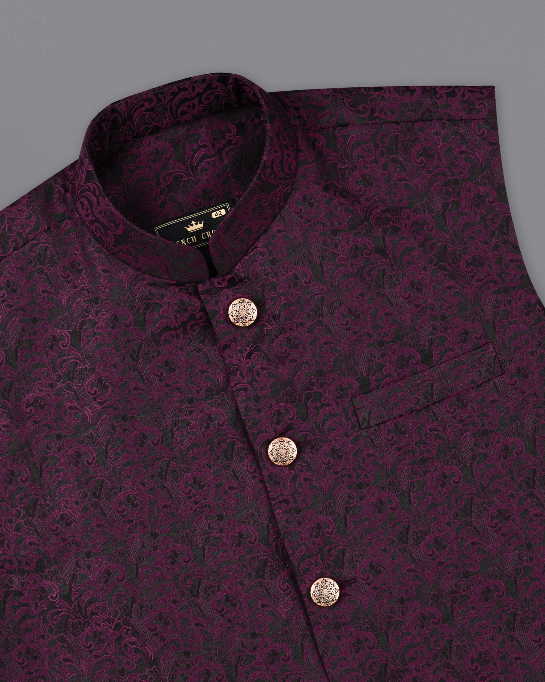 Thunder Dark Maroon with Byzantium Maroon Damask Bandhgala Nehru Jacket WC2159-38, WC2159-39, WC2159-40, WC2159-42, WC2159-44, WC2159-46, WC2159-48, WC2159-50, WC2159-52