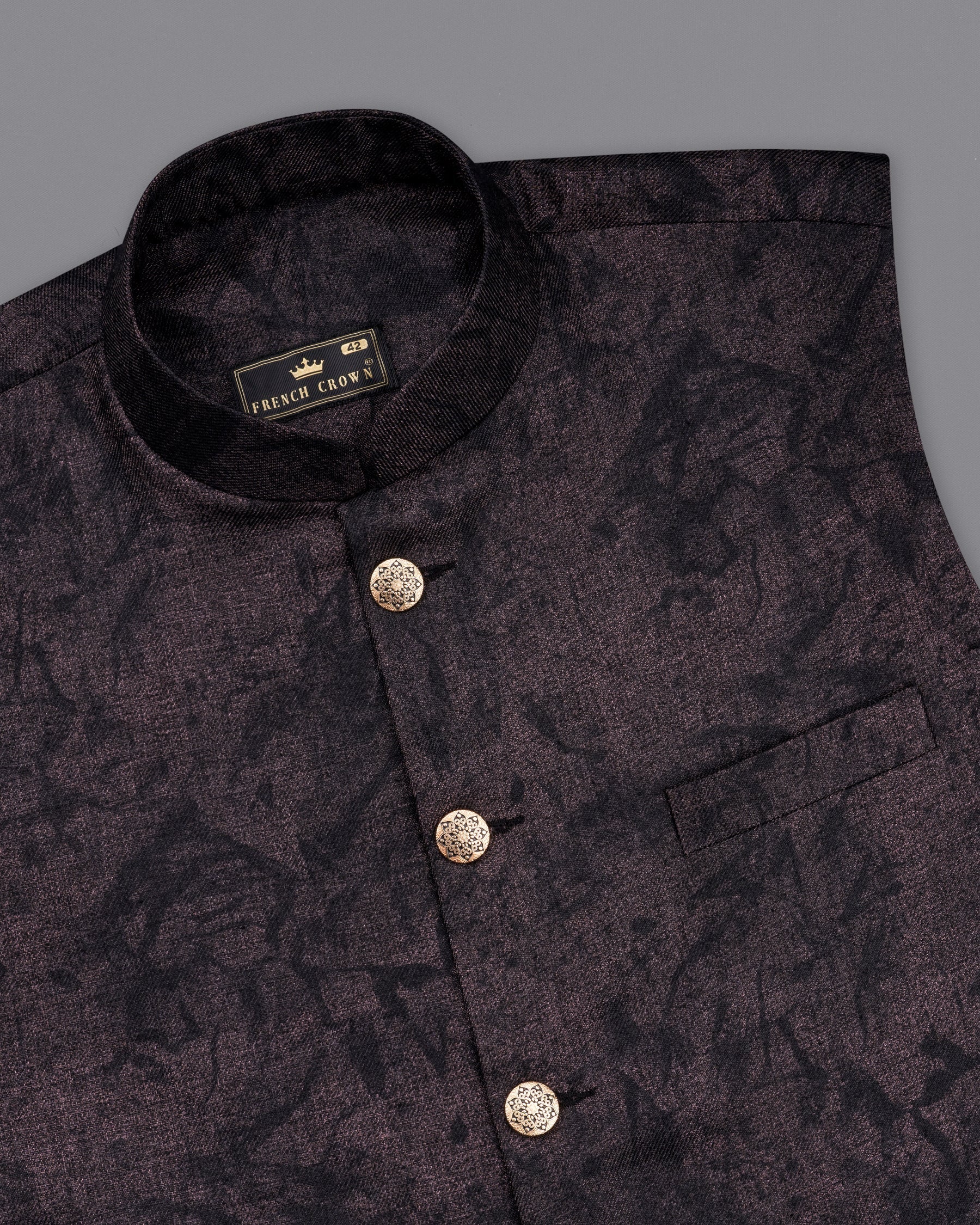 Iridium Brown and Black Printed Designer Nehru Jacket WC2186-36, WC2186-38, WC2186-40, WC2186-42, WC2186-44, WC2186-46, WC2186-48, WC2186-50, WC2186-52, WC2186-54, WC2186-56, WC2186-58, WC2186-60