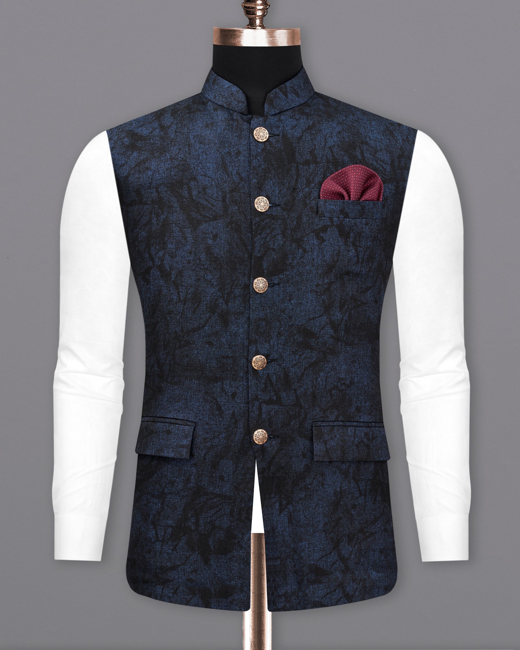 Ebony Navy Blue Vulcan Black Textured Nehru Jacket WC2188-36, WC2188-38, WC2188-40, WC2188-42, WC2188-44, WC2188-46, WC2188-48, WC2188-50, WC2188-52, WC2188-54, WC2188-56, WC2188-58, WC2188-60