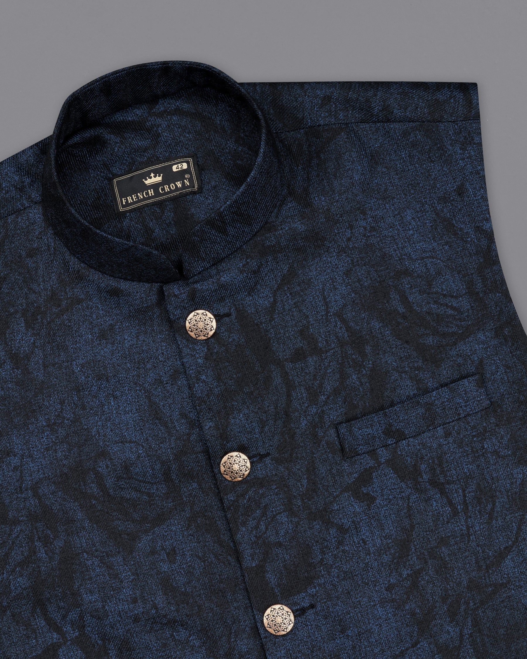 Ebony Navy Blue Vulcan Black Textured Nehru Jacket WC2188-36, WC2188-38, WC2188-40, WC2188-42, WC2188-44, WC2188-46, WC2188-48, WC2188-50, WC2188-52, WC2188-54, WC2188-56, WC2188-58, WC2188-60