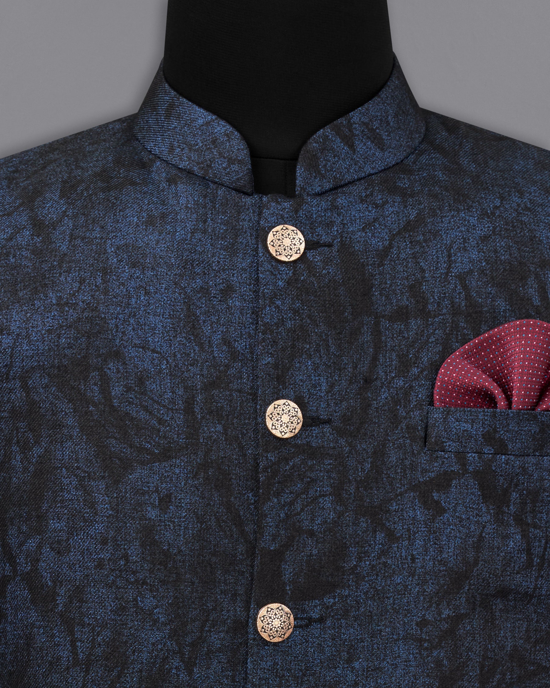 Ebony Navy Blue Vulcan Black Textured Nehru Jacket WC2188-36, WC2188-38, WC2188-40, WC2188-42, WC2188-44, WC2188-46, WC2188-48, WC2188-50, WC2188-52, WC2188-54, WC2188-56, WC2188-58, WC2188-60