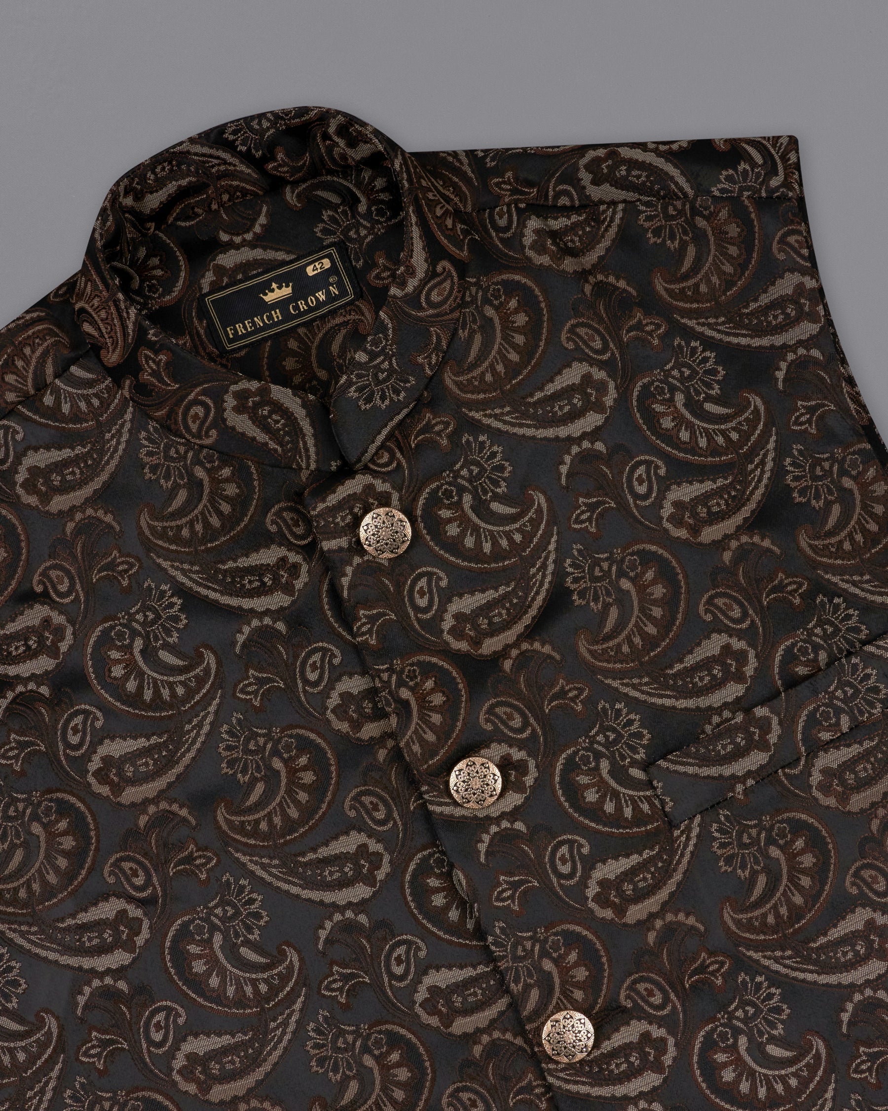 Stonewall Brown with Zeus Black Paisley Textured Designer Nehru Jacket WC2204-36, WC2204-38, WC2204-40, WC2204-42, WC2204-44, WC2204-46, WC2204-48, WC2204-50, WC2204-52, WC2204-54, WC2204-56, WC2204-58, WC2204-60