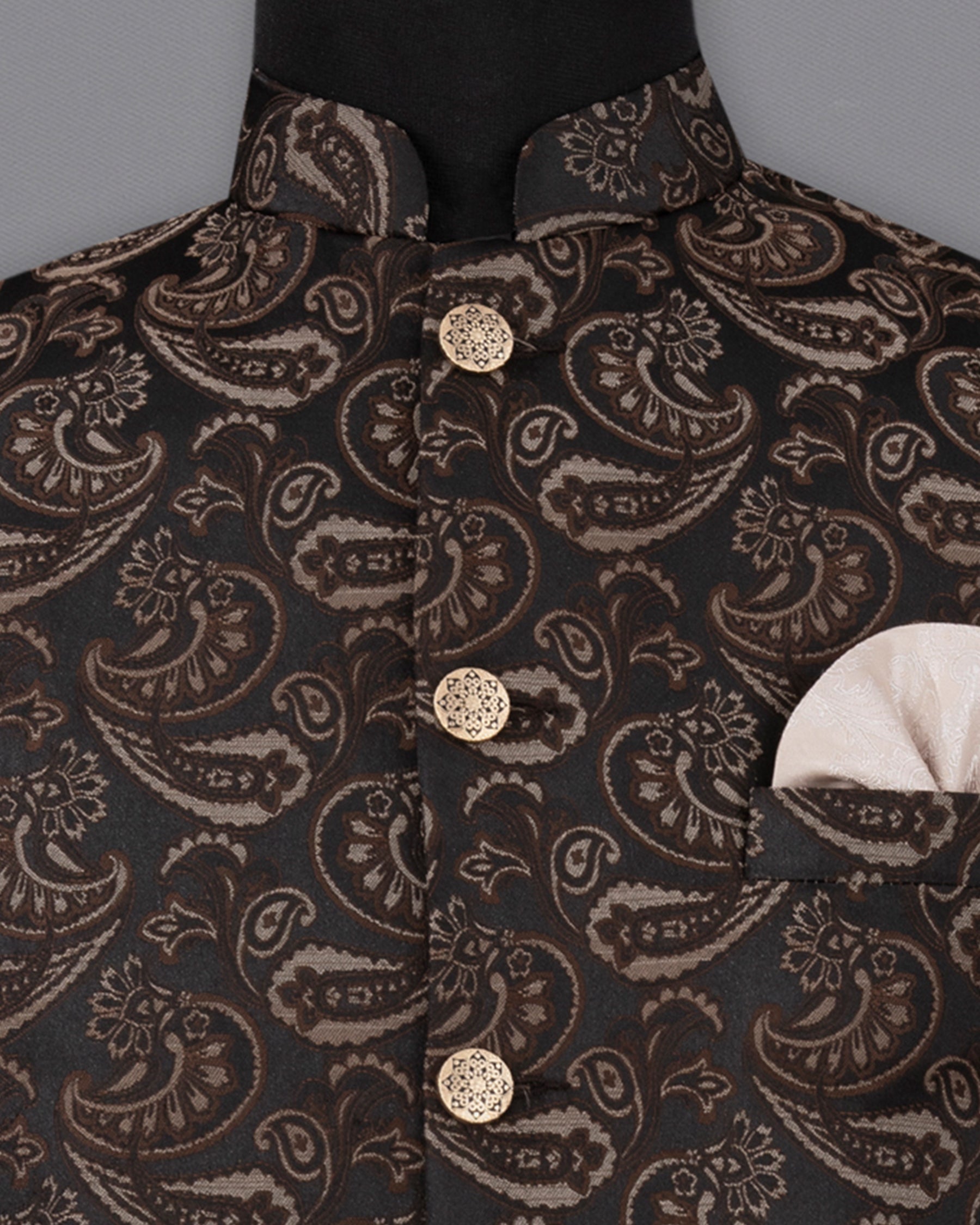 Stonewall Brown with Zeus Black Paisley Textured Designer Nehru Jacket WC2204-36, WC2204-38, WC2204-40, WC2204-42, WC2204-44, WC2204-46, WC2204-48, WC2204-50, WC2204-52, WC2204-54, WC2204-56, WC2204-58, WC2204-60