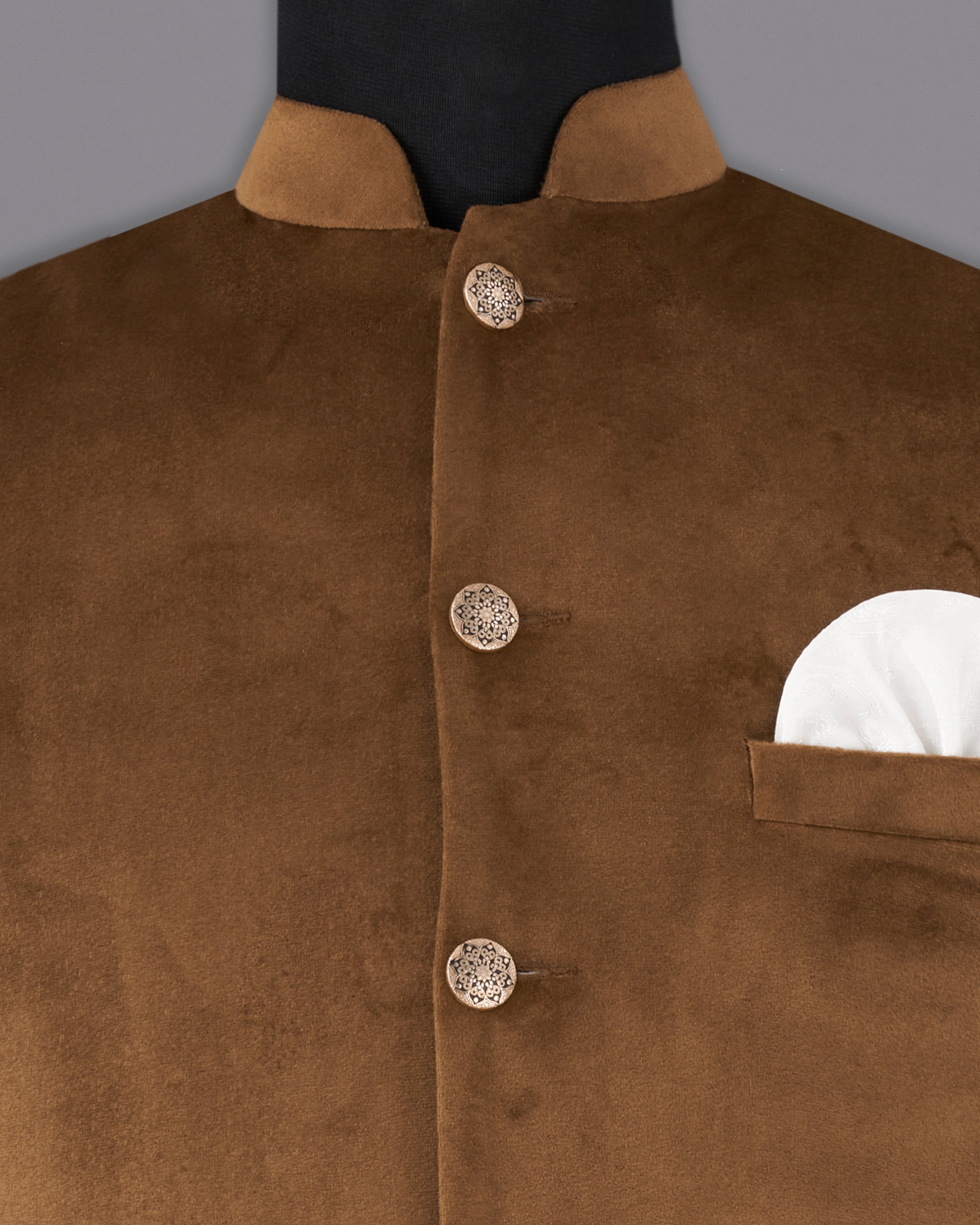 Nutmeg Brown Premium Velvet Designer Nehru Jacket WC2205-36, WC2205-38, WC2205-40, WC2205-42, WC2205-44, WC2205-46, WC2205-48, WC2205-50, WC2205-52, WC2205-54, WC2205-56, WC2205-58, WC2205-60