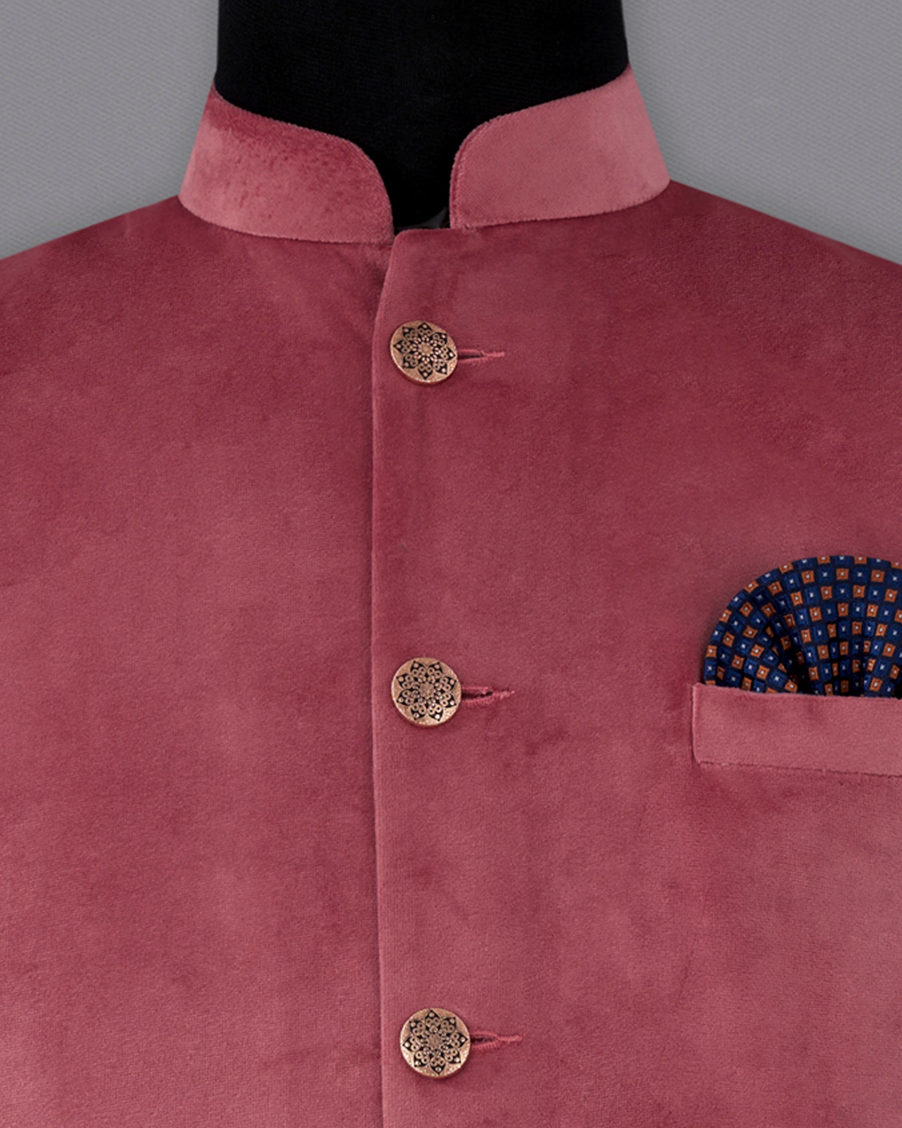 Coral Pink Premium Velvet Designer Nehru Jacket WC2206-36, WC2206-38, WC2206-40, WC2206-42, WC2206-44, WC2206-46, WC2206-48, WC2206-50, WC2206-52, WC2206-54, WC2206-56, WC2206-58, WC2206-60