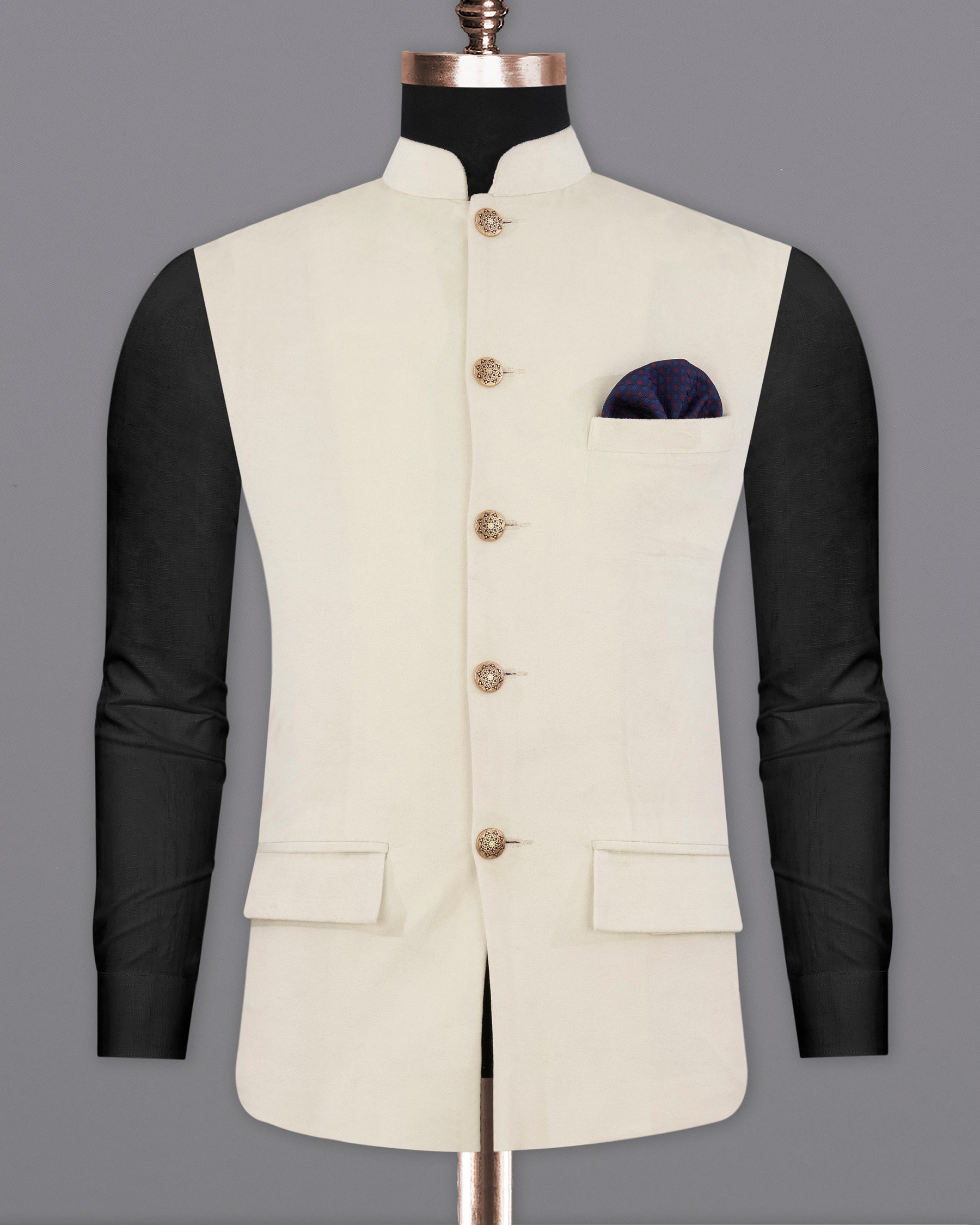 Eggshell Cream Premium Velvet Designer Nehru Jacket  WC2207-36, WC2207-38, WC2207-40, WC2207-42, WC2207-44, WC2207-46, WC2207-48, WC2207-50, WC2207-52, WC2207-54, WC2207-56, WC2207-58, WC2207-60