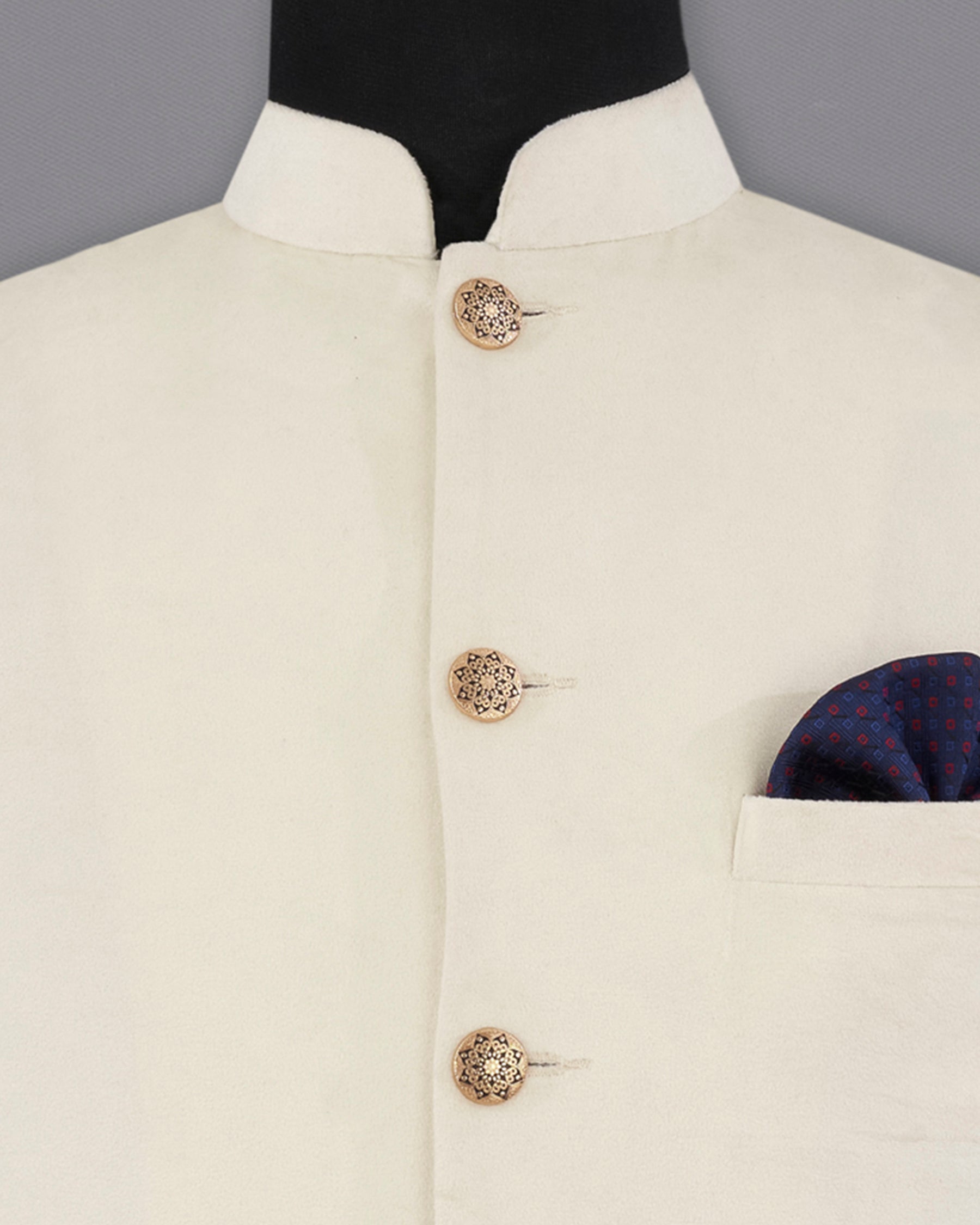 Eggshell Cream Premium Velvet Designer Nehru Jacket WC2207-36, WC2207-38, WC2207-40, WC2207-42, WC2207-44, WC2207-46, WC2207-48, WC2207-50, WC2207-52, WC2207-54, WC2207-56, WC2207-58, WC2207-60