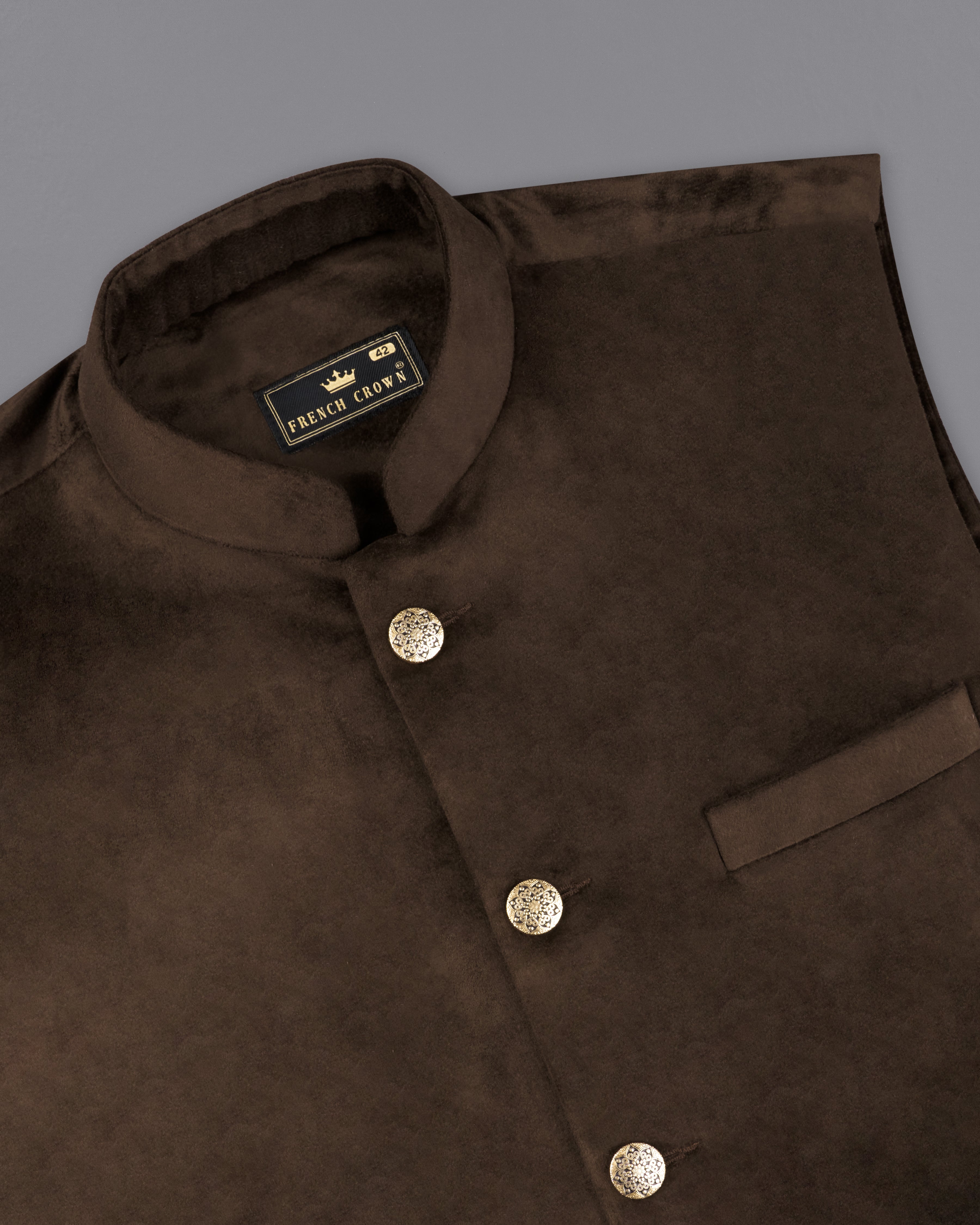 Bistre Brown Velvet Designer Nehru Jacket WC2226-36, WC2226-38, WC2226-40, WC2226-42, WC2226-44, WC2226-46, WC2226-48, WC2226-50, WC2226-52, WC2226-54, WC2226-56, WC2226-58, WC2226-60