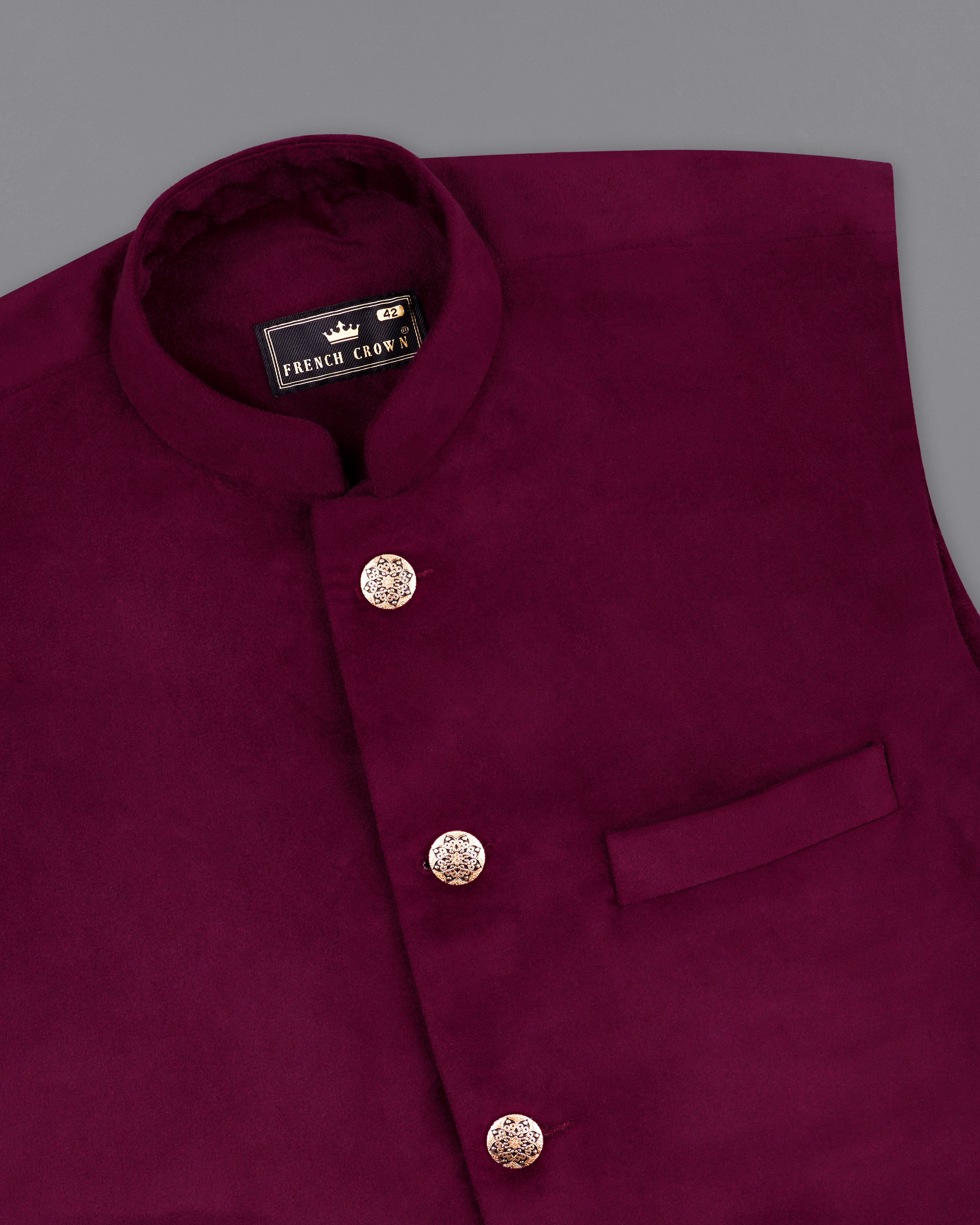 Barossa Maroon Velvet Designer Nehru Jacket WC2239-36, WC2239-38, WC2239-40, WC2239-42, WC2239-44, WC2239-46, WC2239-48, WC2239-50, WC2239-52, WC2239-54, WC2239-56, WC2239-58, WC2239-60