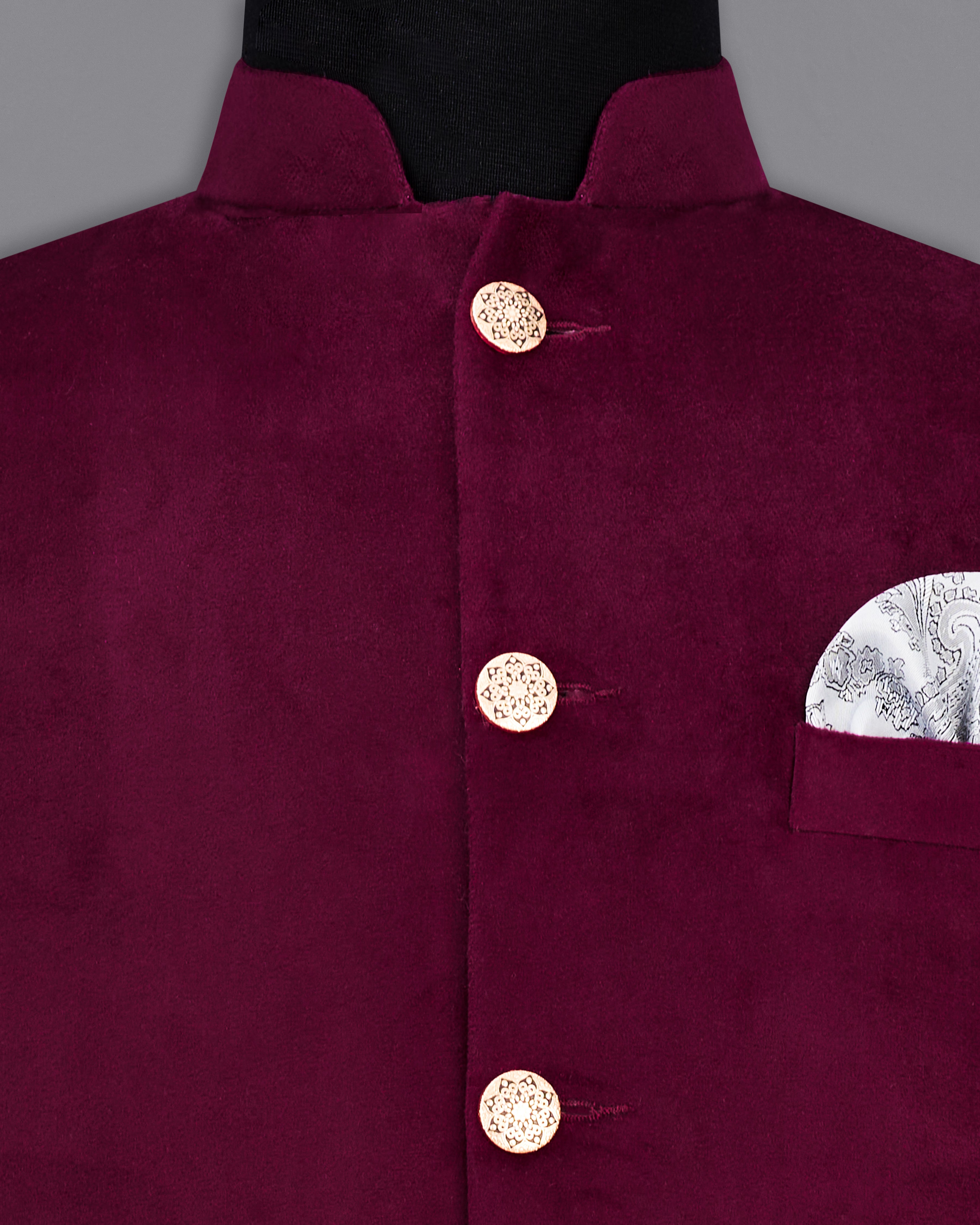 Barossa Maroon Velvet Designer Nehru Jacket WC2239-36, WC2239-38, WC2239-40, WC2239-42, WC2239-44, WC2239-46, WC2239-48, WC2239-50, WC2239-52, WC2239-54, WC2239-56, WC2239-58, WC2239-60