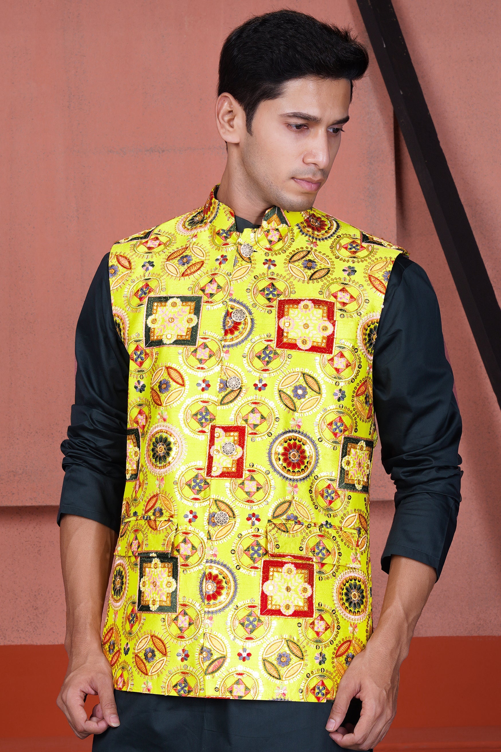 Custard Yellow Multicolour Cotton Thread Embroidered Designer Nehru Jacket