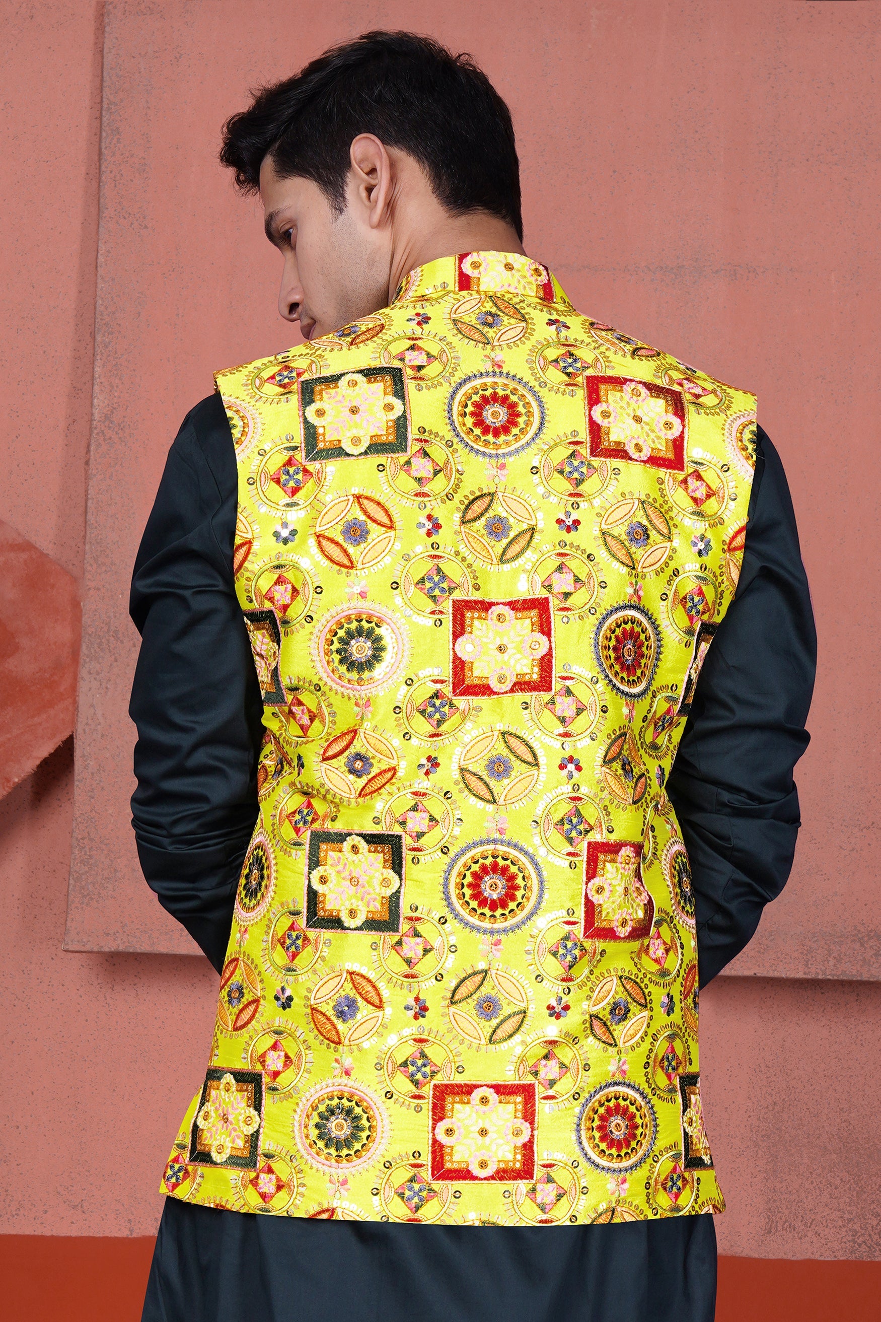 Custard Yellow Multicolour Cotton Thread Embroidered Designer Nehru Jacket