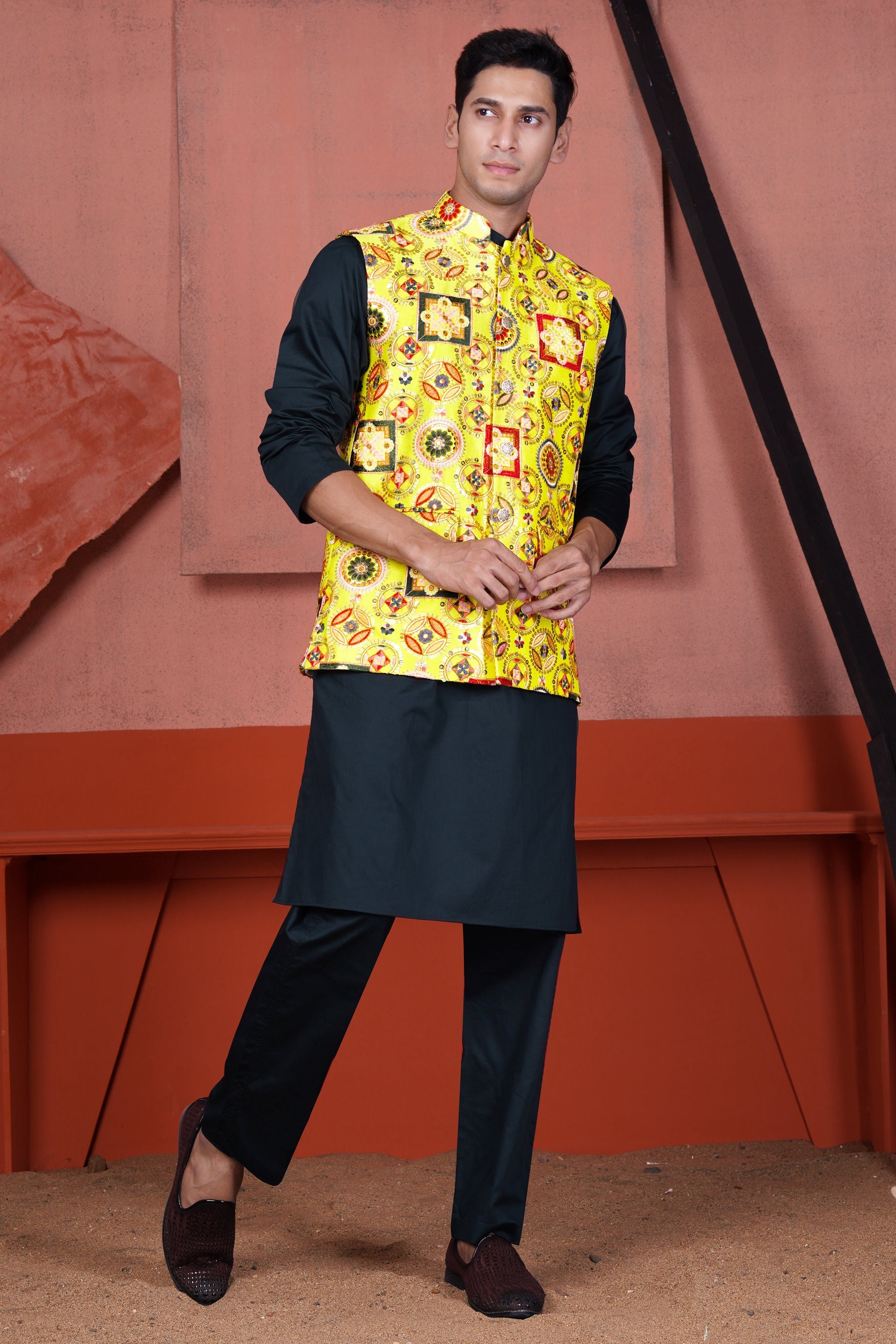 Custard Yellow Multicolour Cotton Thread Embroidered Designer Nehru Jacket