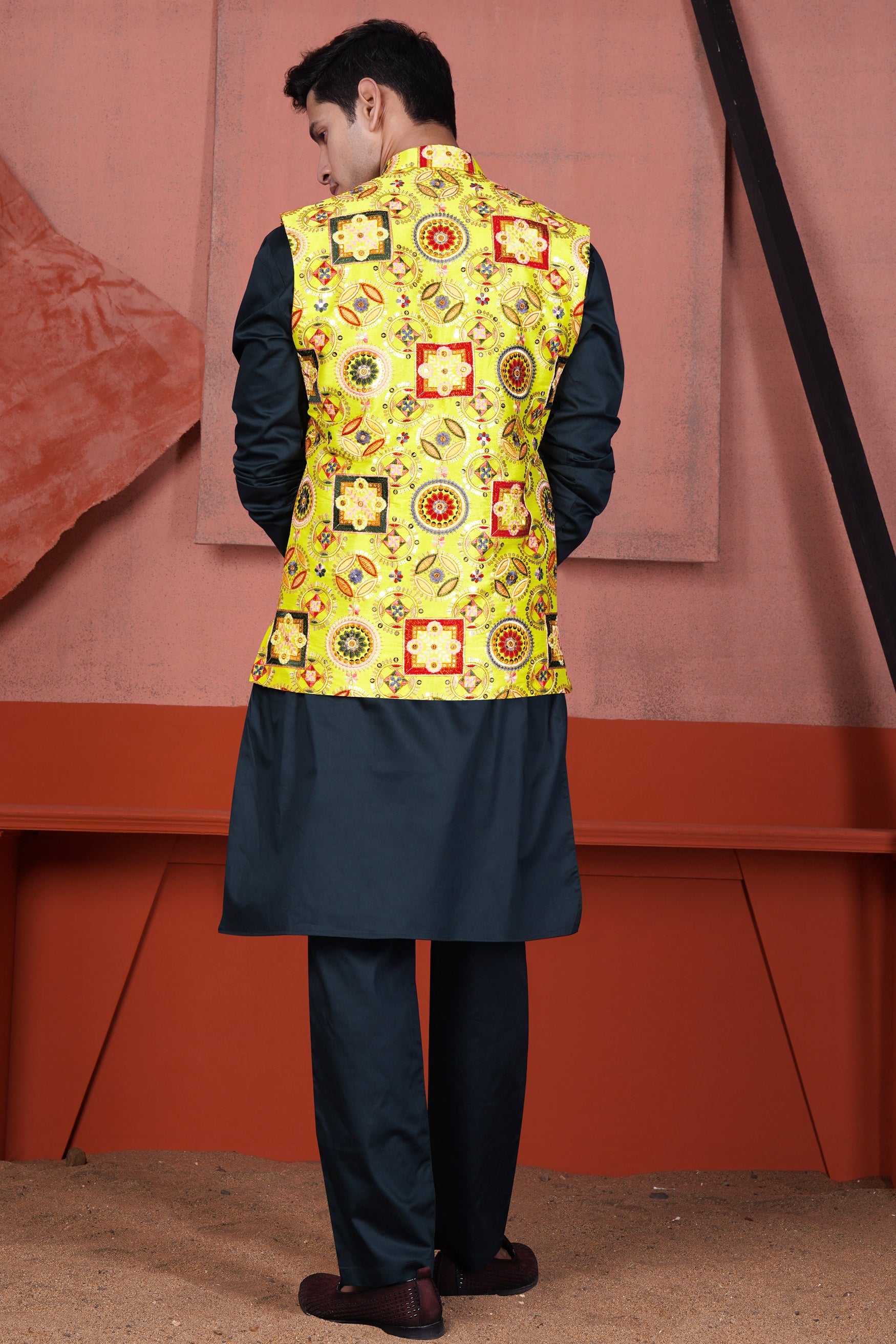 Custard Yellow Multicolour Cotton Thread Embroidered Designer Nehru Jacket