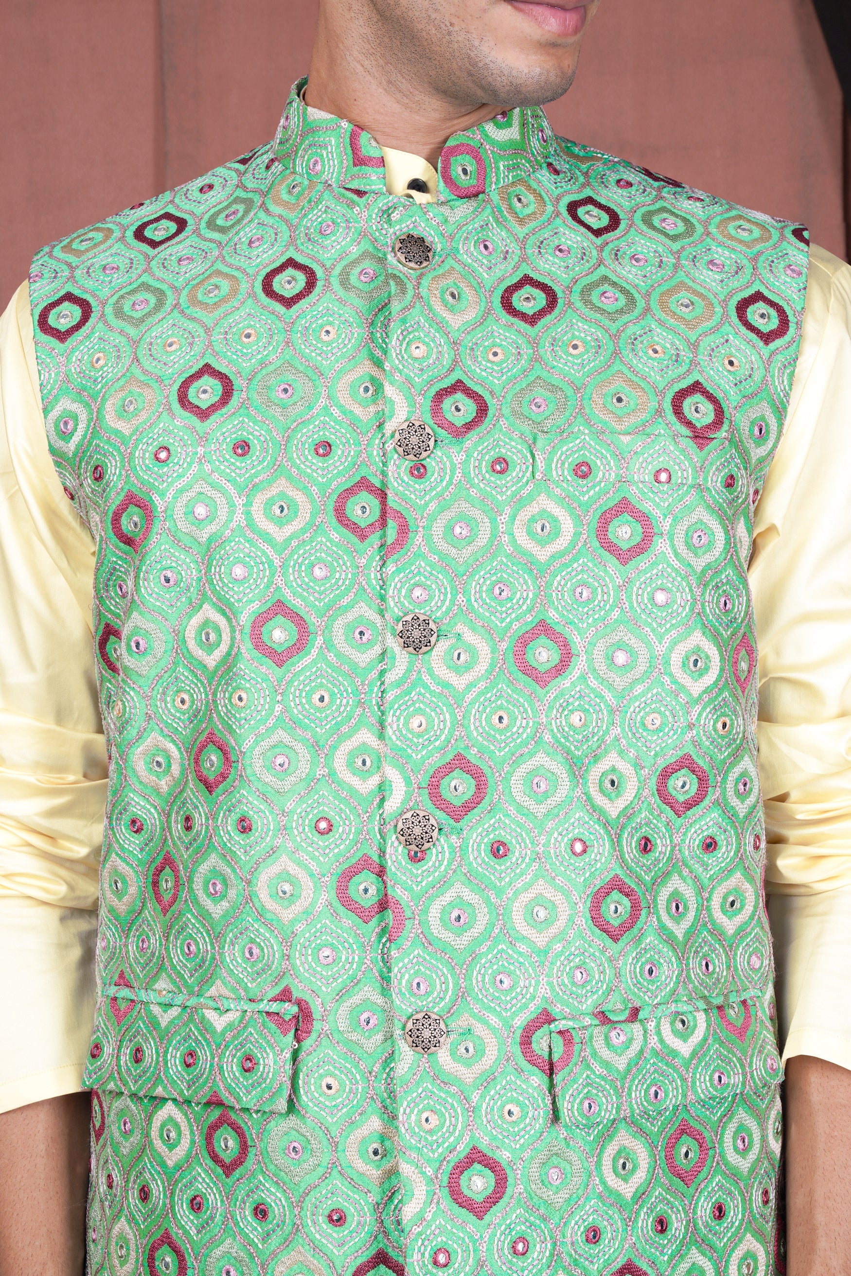 Bermuda Green and Charm Pink Ogee Cotton Thread Embroidered Designer Nehru Jacket