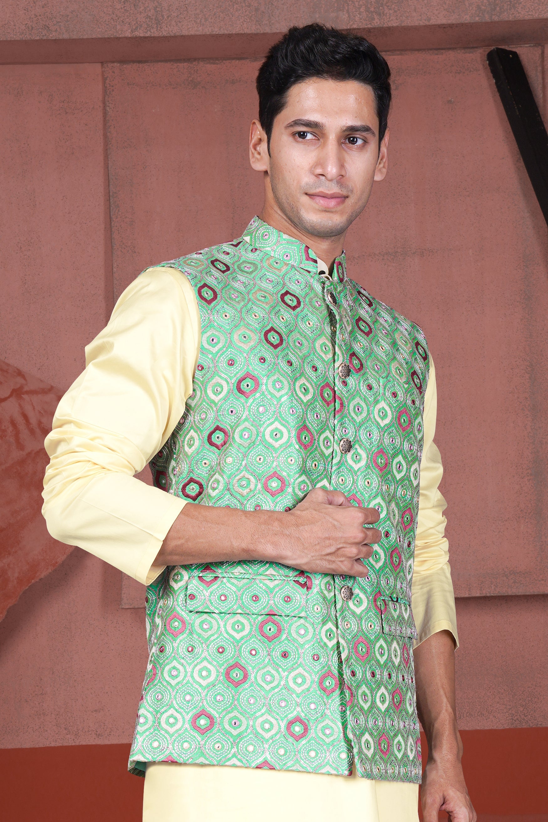 Bermuda Green and Charm Pink Ogee Cotton Thread Embroidered Designer Nehru Jacket