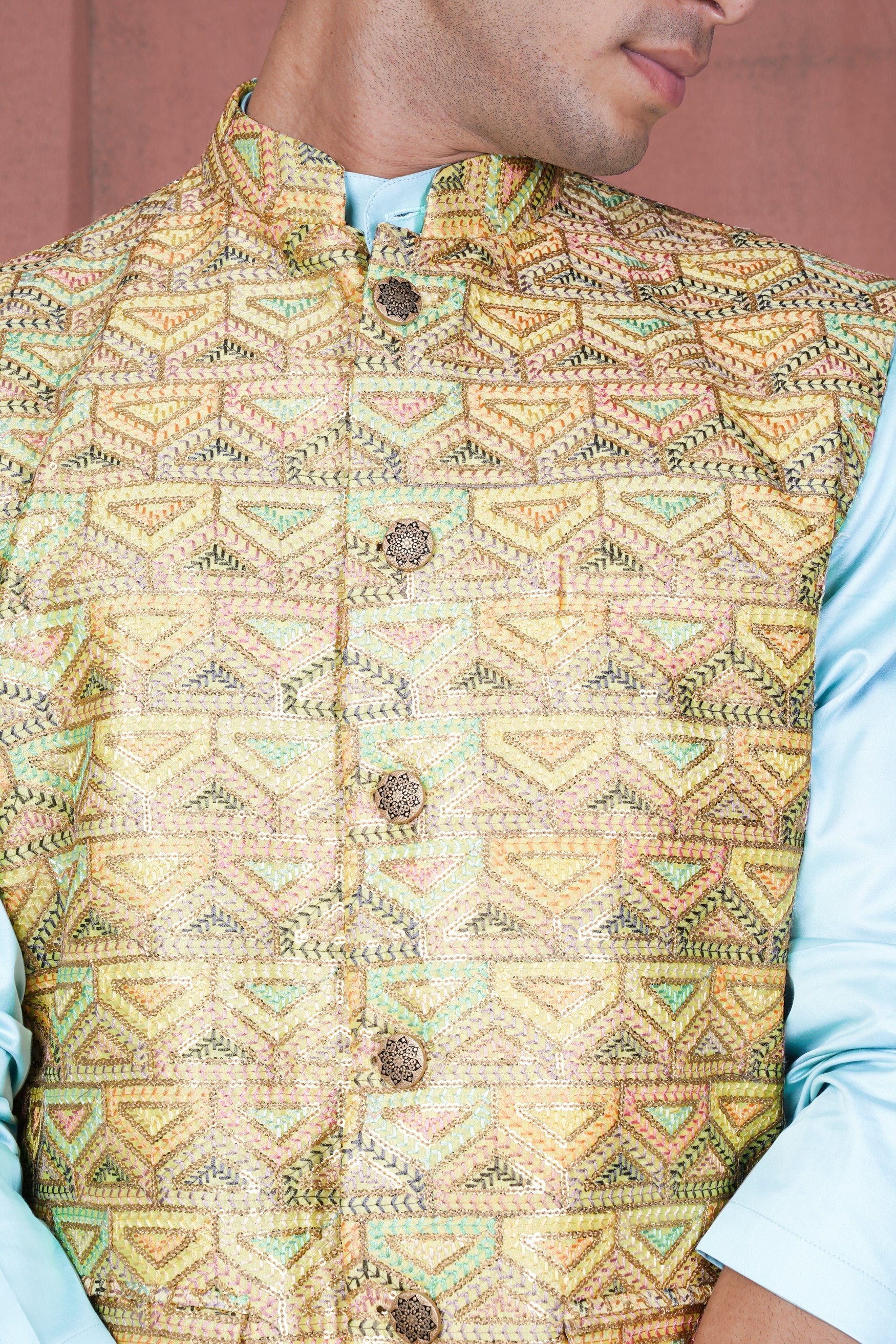 Tacha Brown and Charm Pink Geometric Cotton Thread Embroidered Designer Nehru Jacket