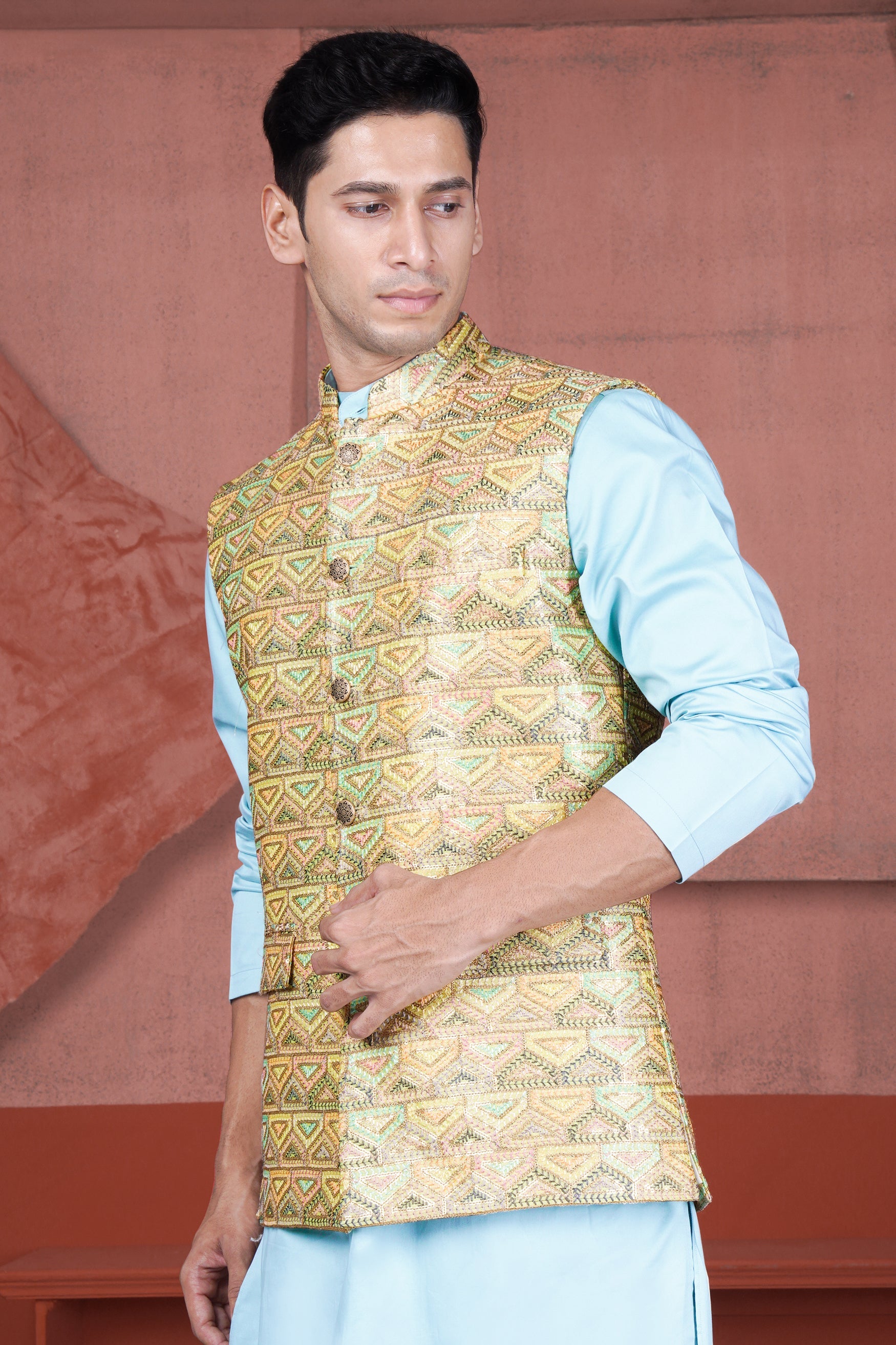 Tacha Brown and Charm Pink Geometric Cotton Thread Embroidered Designer Nehru Jacket