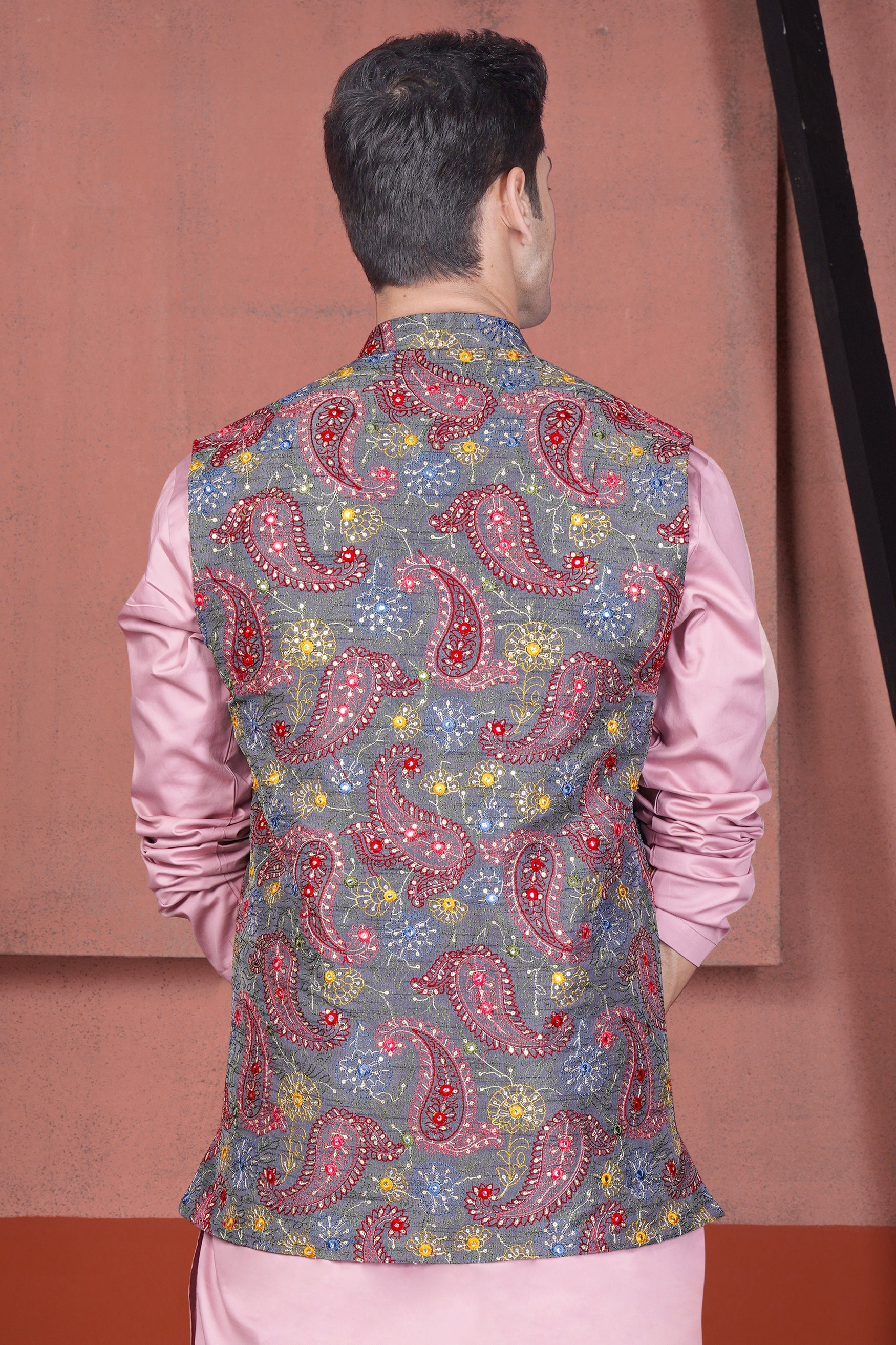 Nickel Gray and Brink Pink Paisley Cotton Thread Embroidered Designer Nehru Jacket