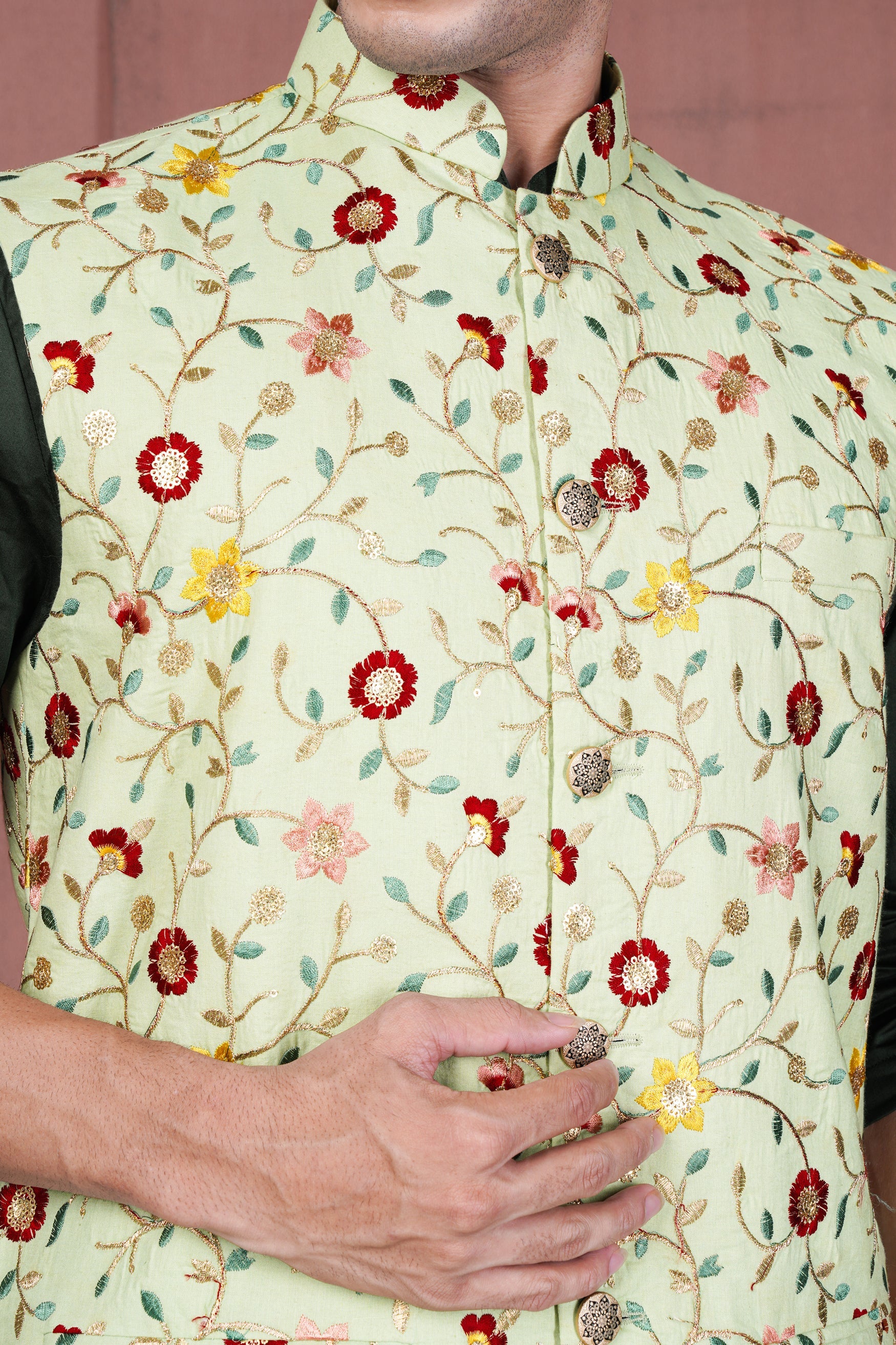 Hampton Green and Beryl Red Floral Multicolour Cotton Thread Embroidered Designer Nehru Jacket