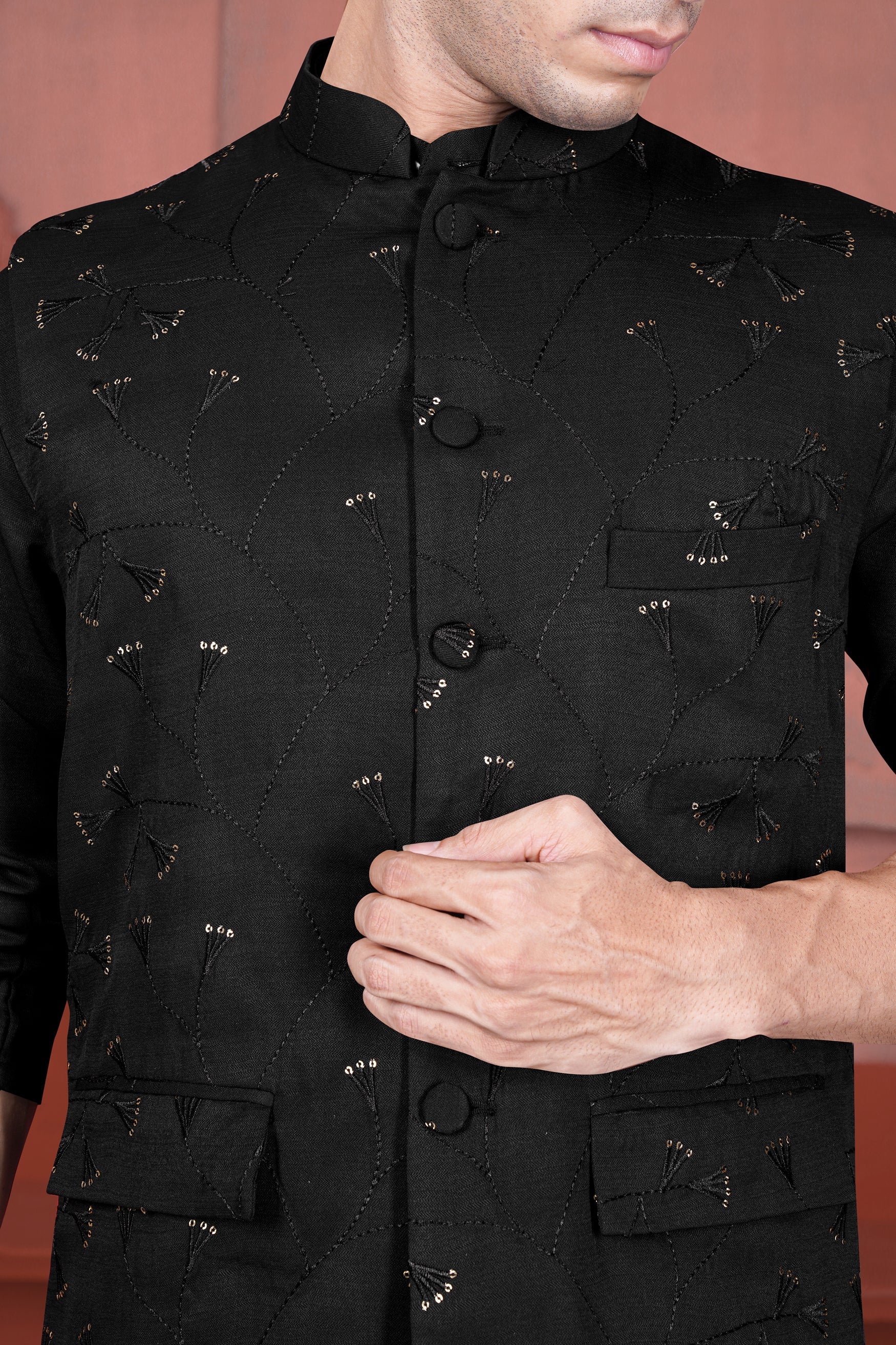 Jade Black Viscose Embroidered with Tikki Work Designer Nehru Jacket