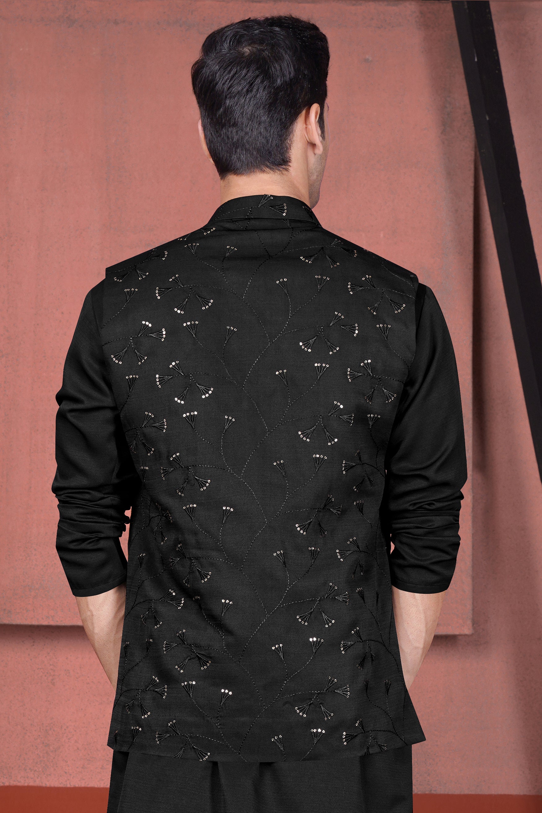 Jade Black Viscose Embroidered with Tikki Work Designer Nehru Jacket