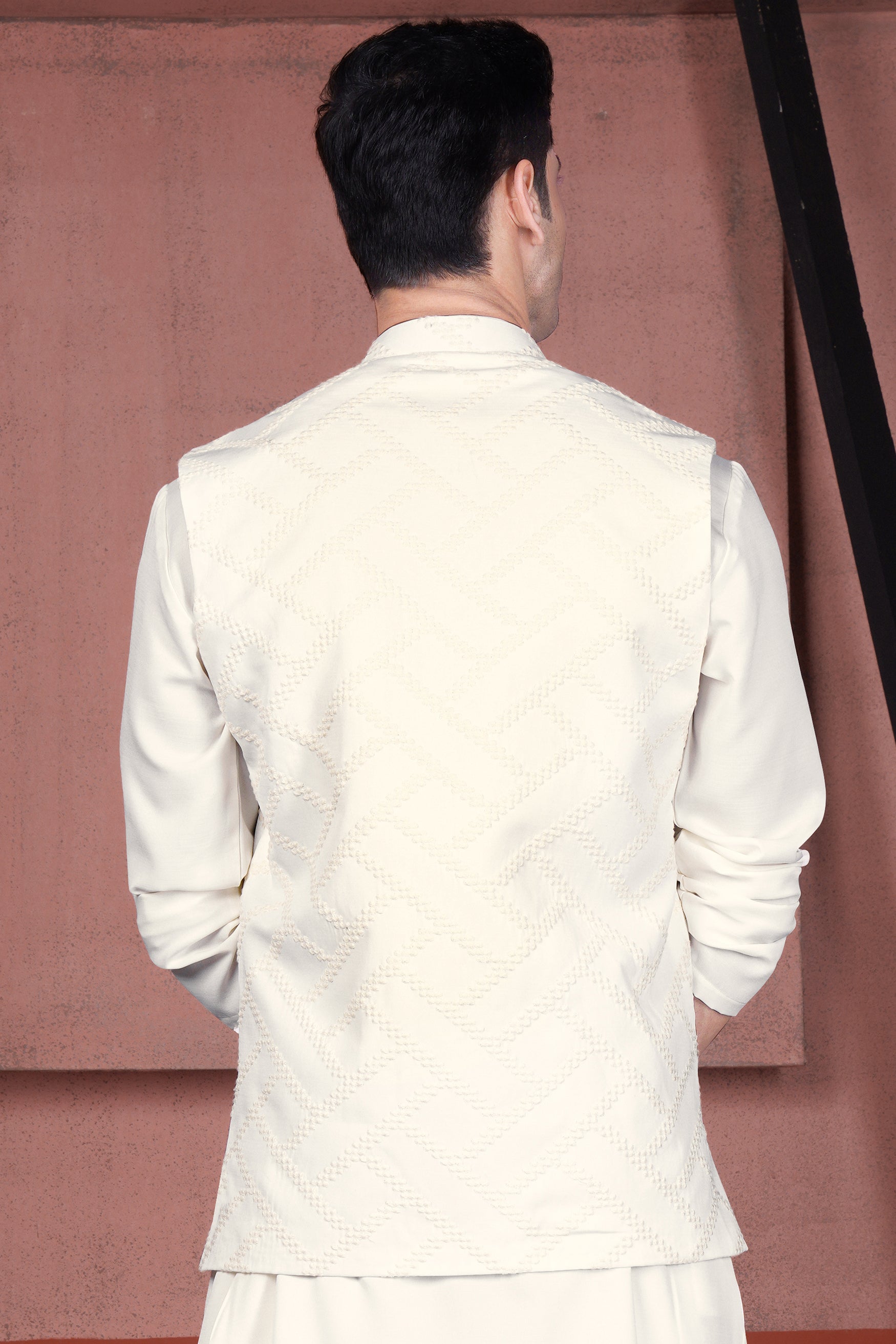 Albescent Cream Viscose Embroidered Designer Nehru Jacket