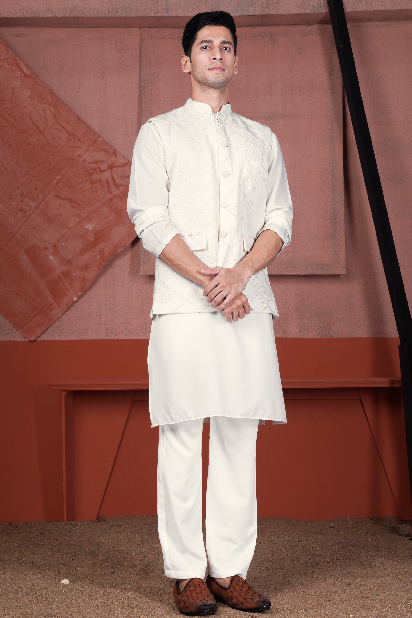 Albescent Cream Viscose Embroidered Designer Nehru Jacket