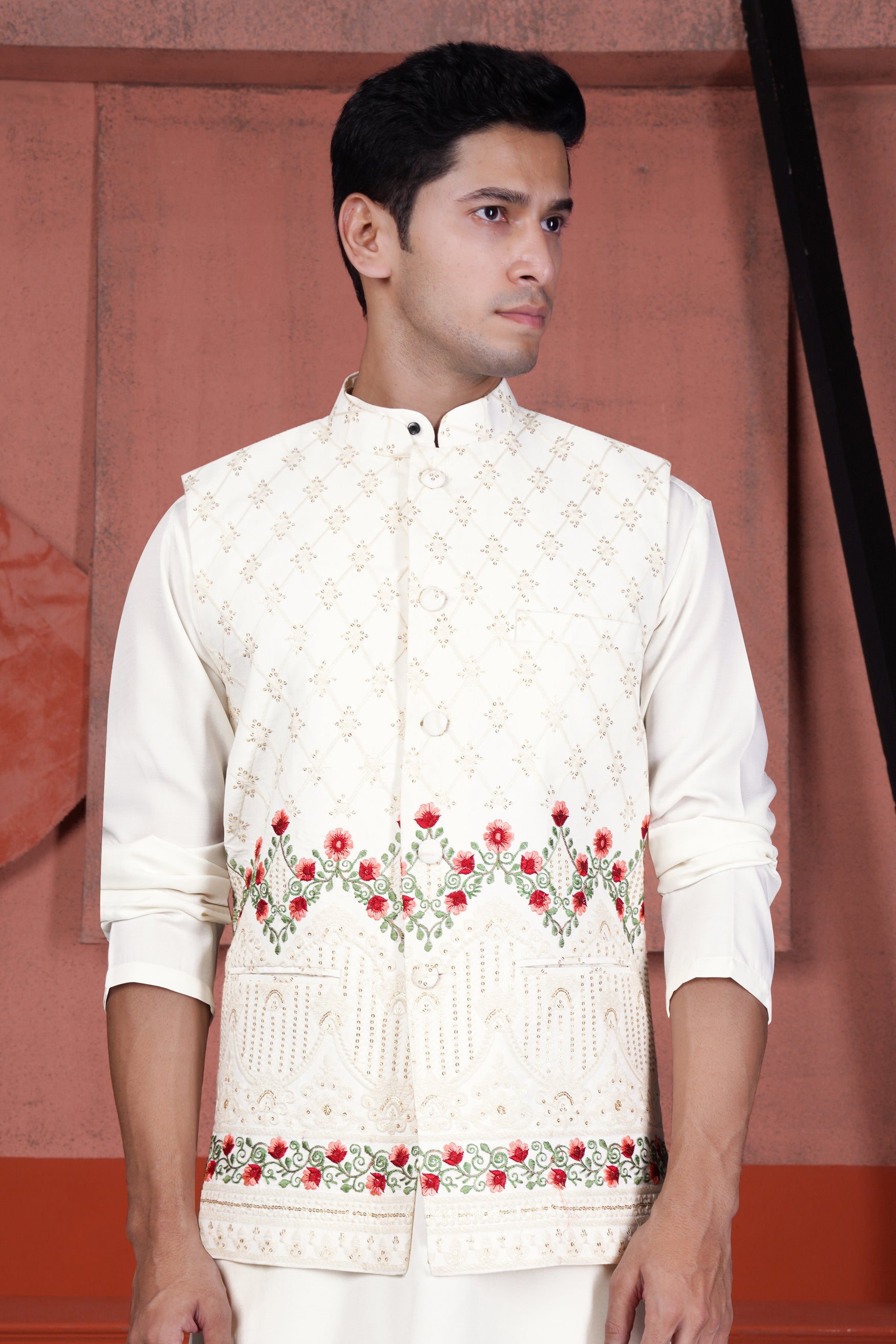 Ecru Cream Viscose Floral Embroidered with Tikki Work Designer Nehru Jacket