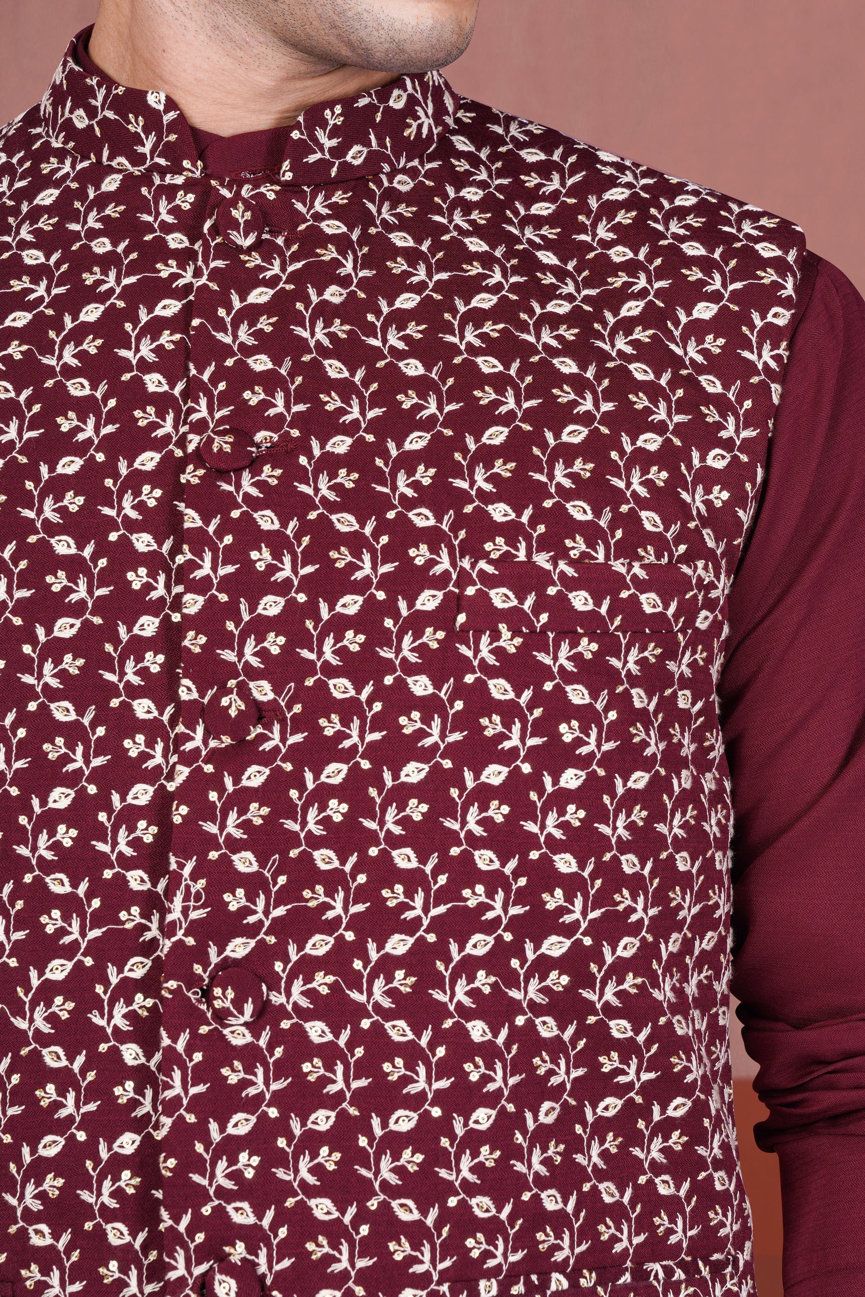 Mulberry Maroon Viscose Ditsy Embroidered With Tikki Work Designer Nehru Jacket