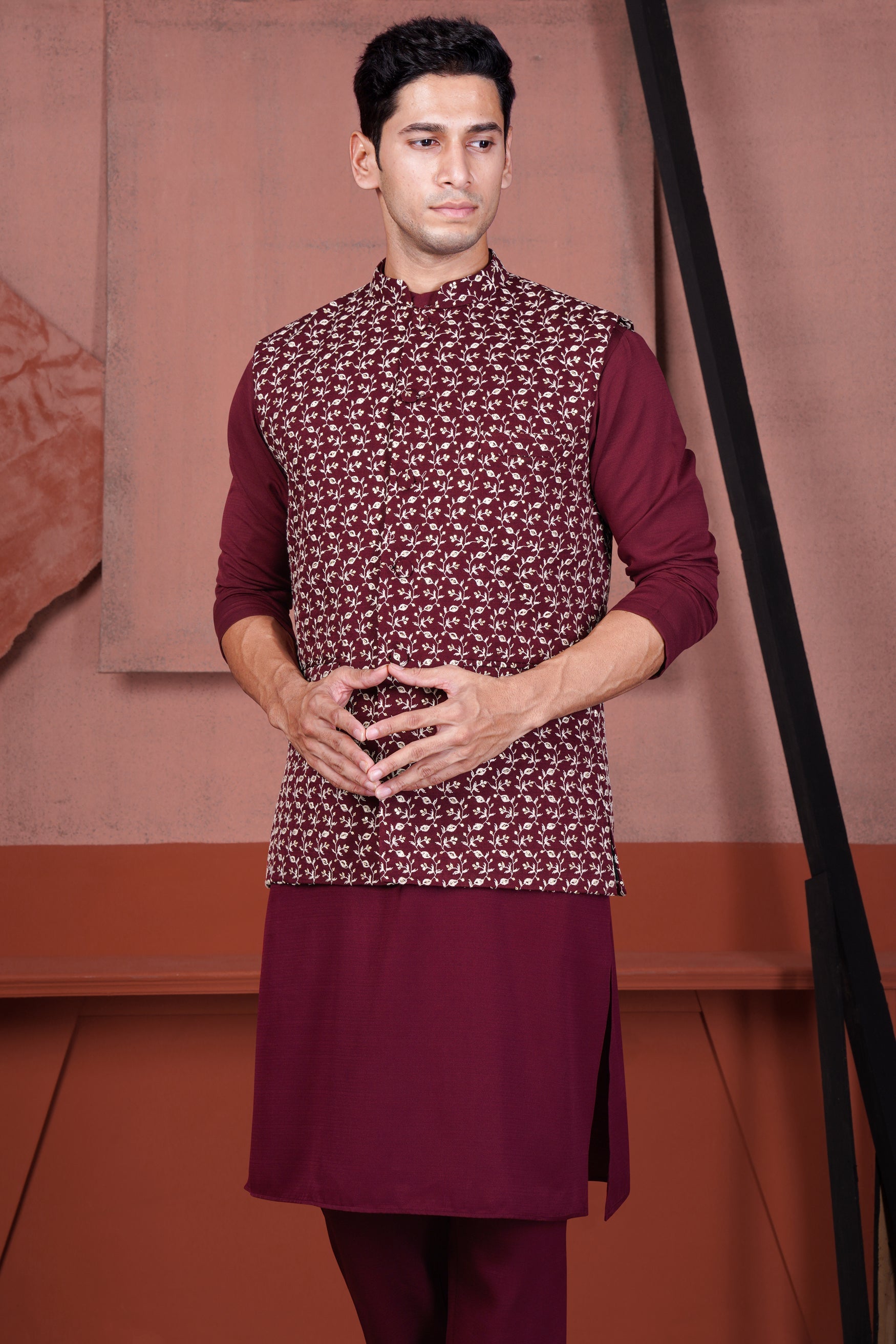 Mulberry Maroon Viscose Ditsy Embroidered With Tikki Work Designer Nehru Jacket