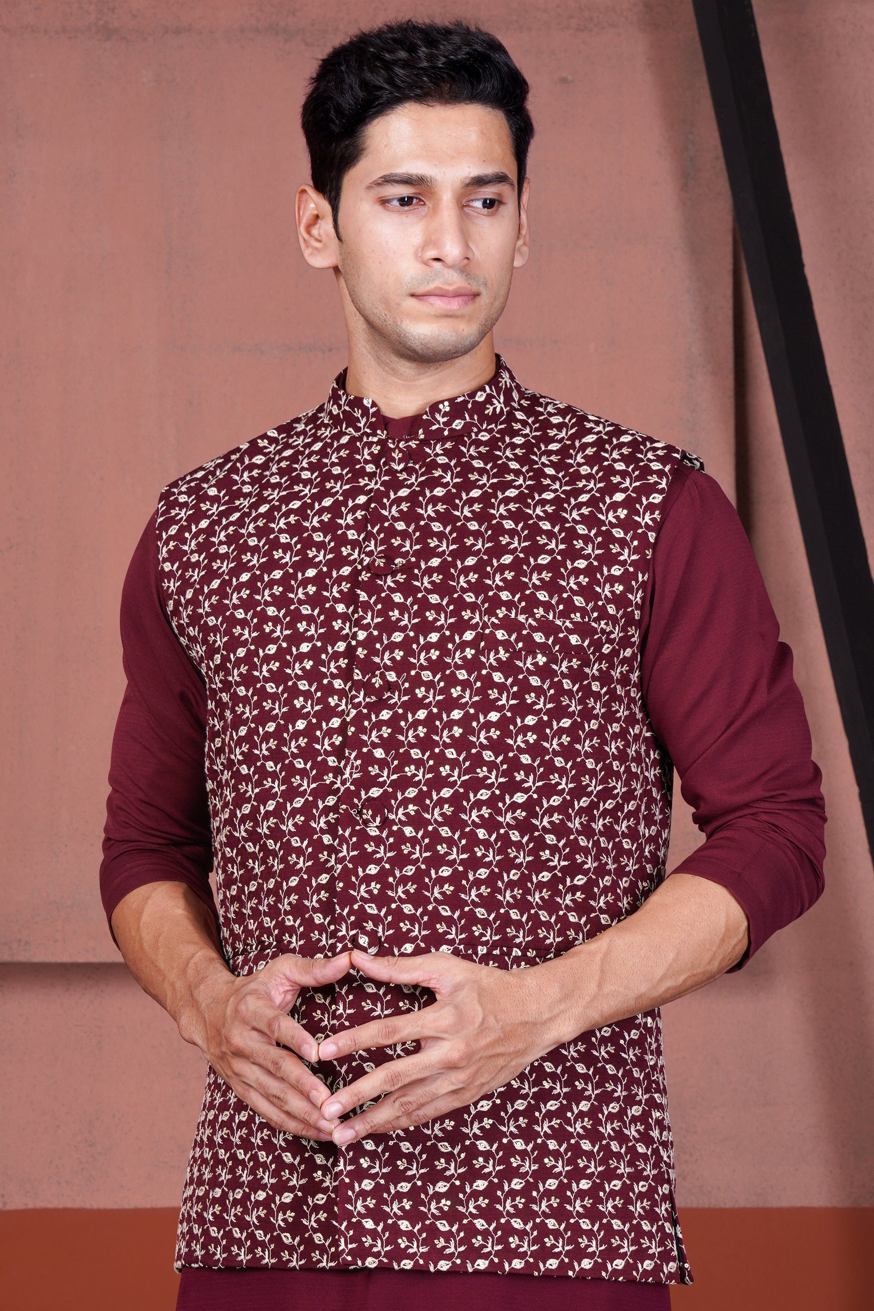 Mulberry Maroon Viscose Ditsy Embroidered With Tikki Work Designer Nehru Jacket