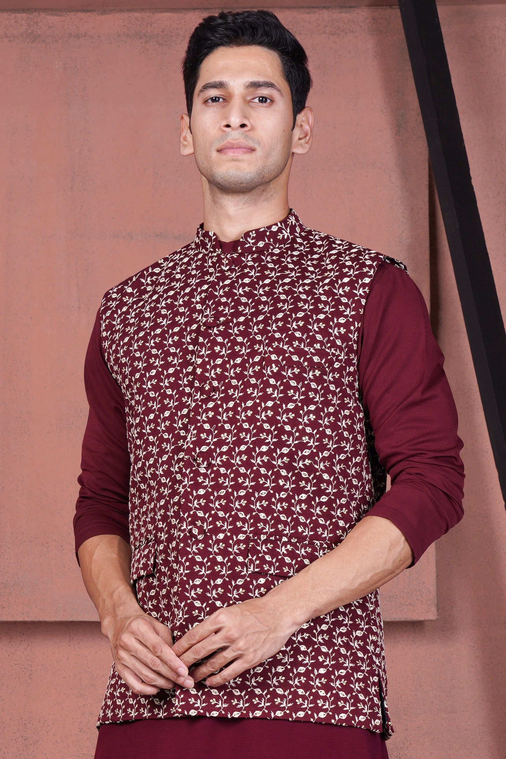 Mulberry Maroon Viscose Ditsy Embroidered With Tikki Work Designer Nehru Jacket