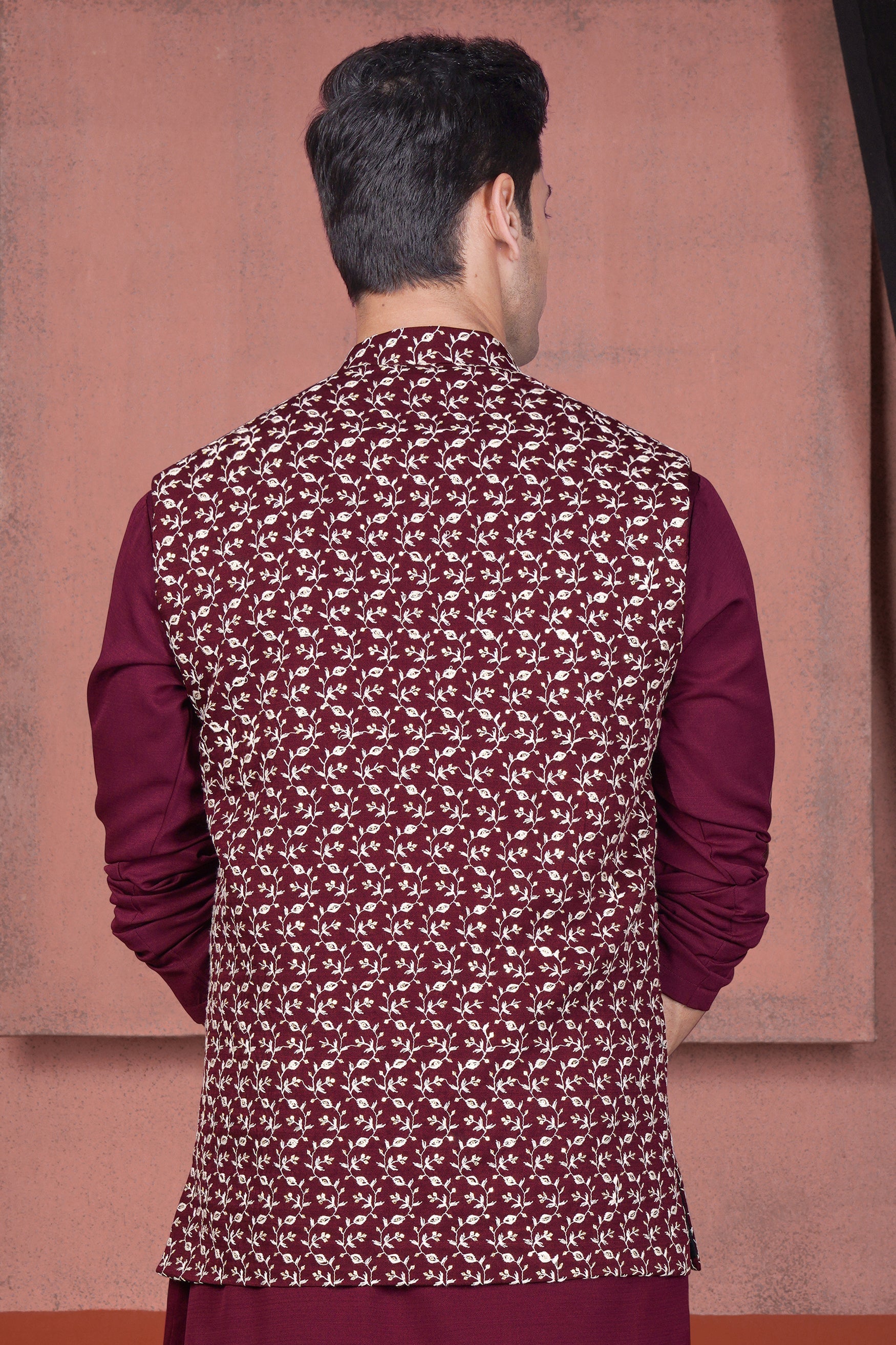 Mulberry Maroon Viscose Ditsy Embroidered With Tikki Work Designer Nehru Jacket