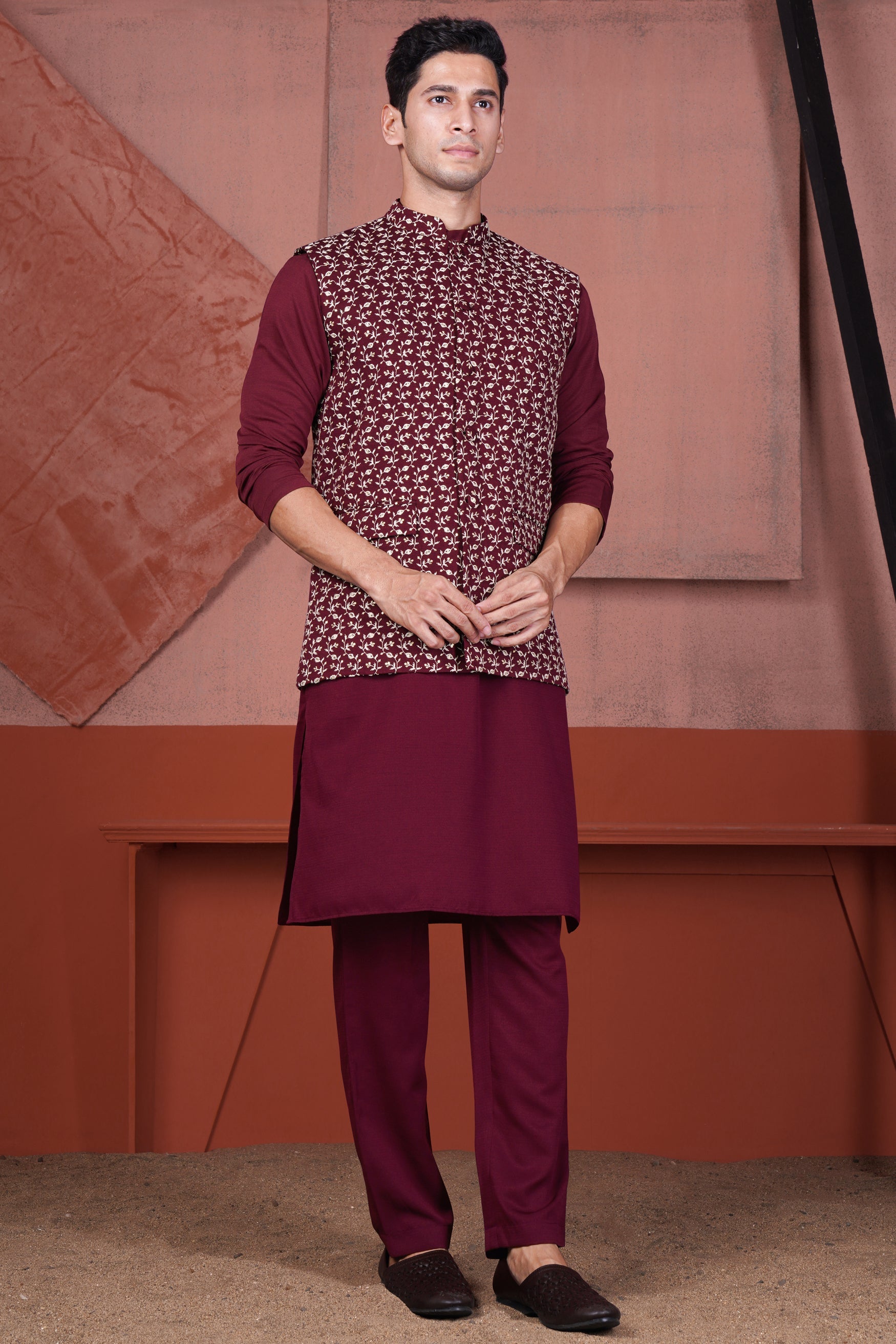 Mulberry Maroon Viscose Ditsy Embroidered With Tikki Work Designer Nehru Jacket