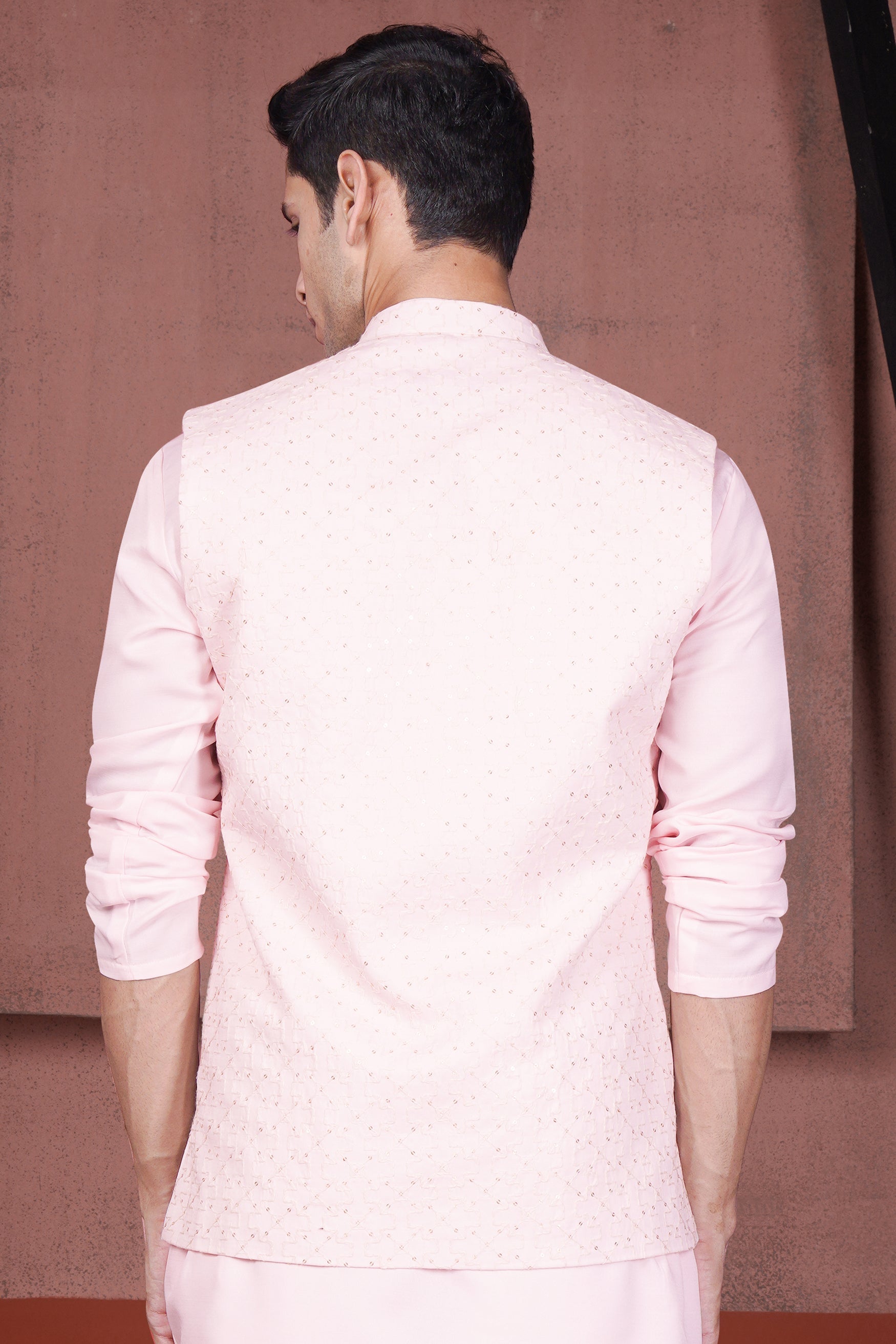 Blush Peach Viscose Embroidered With Tikki Work Designer Nehru Jacket