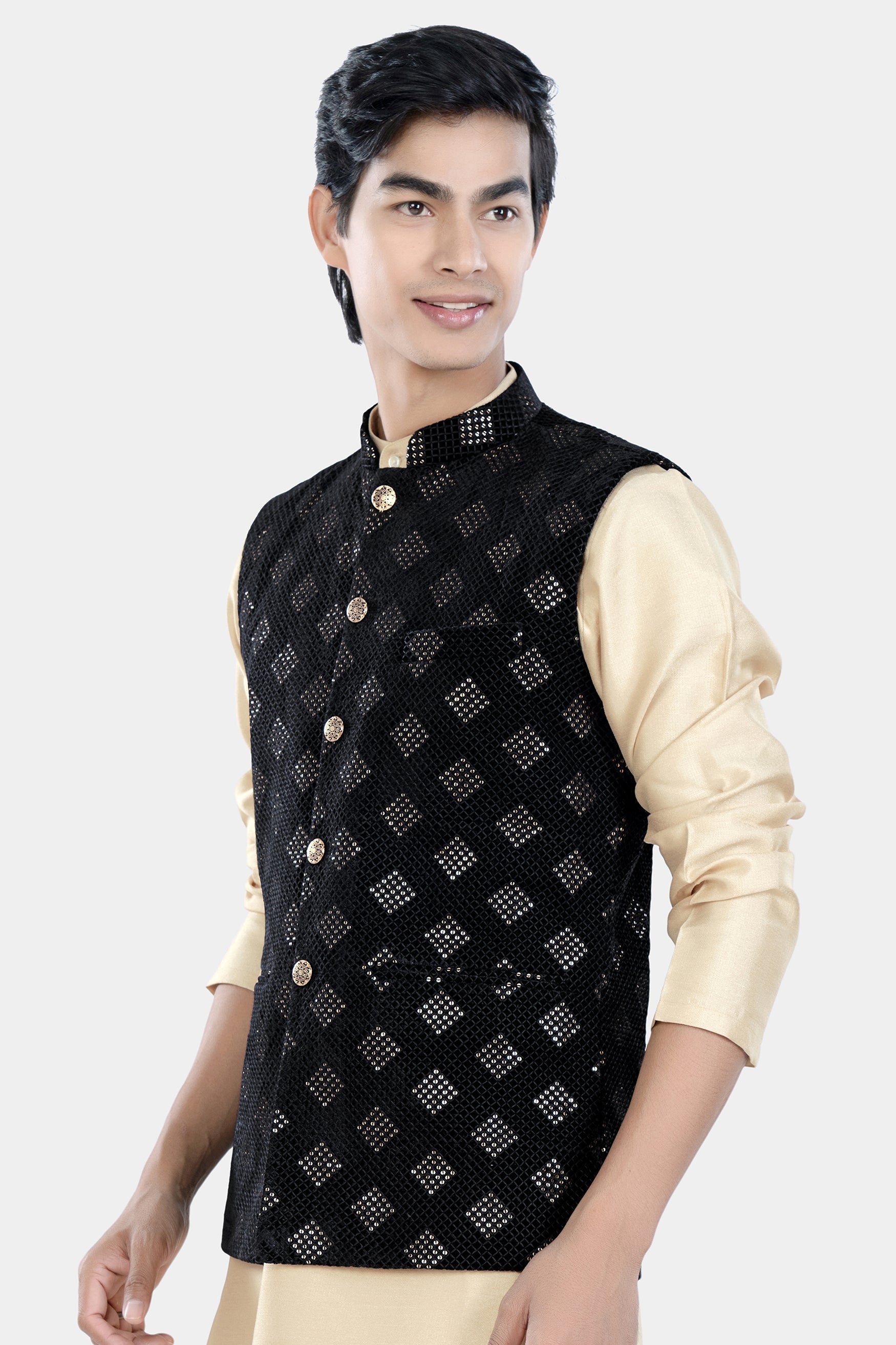 Jade Black Geometric Sequin and Thread Embroidered Designer Nehru Jacket