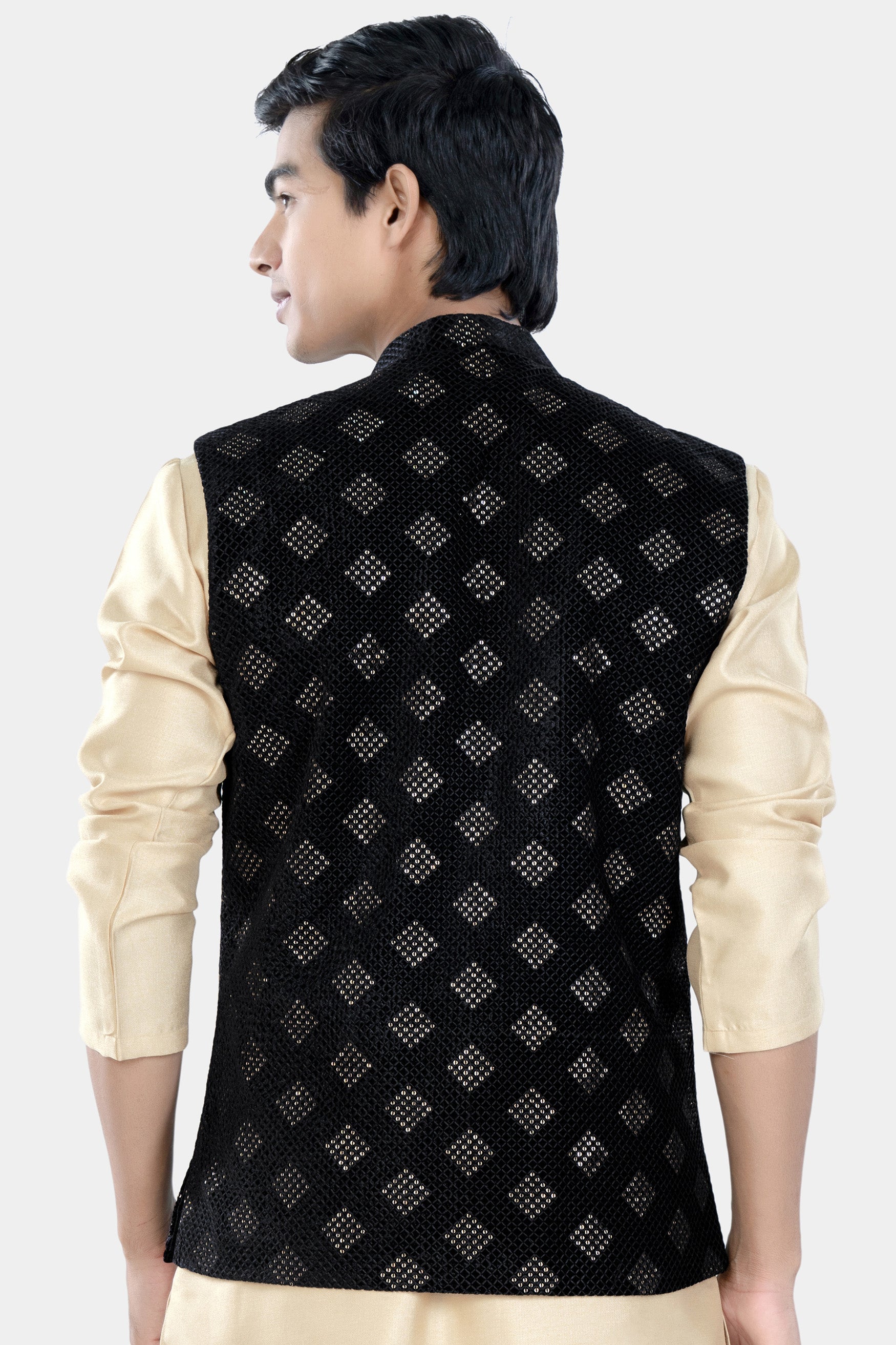 Jade Black Geometric Sequin and Thread Embroidered Designer Nehru Jacket