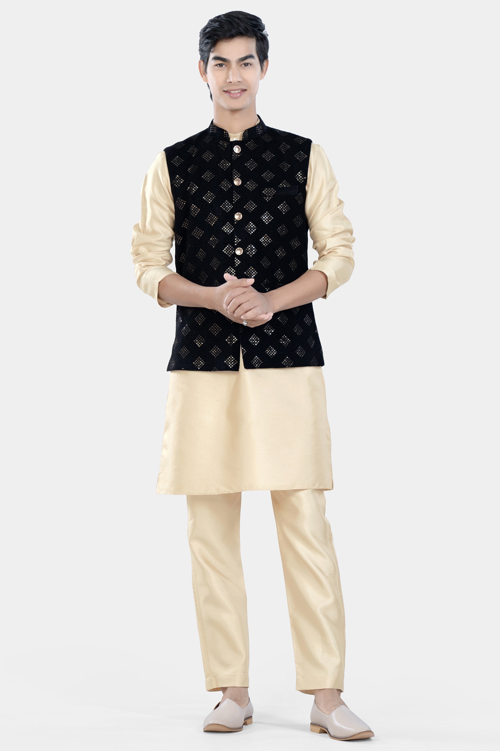 Jade Black Geometric Sequin and Thread Embroidered Designer Nehru Jacket