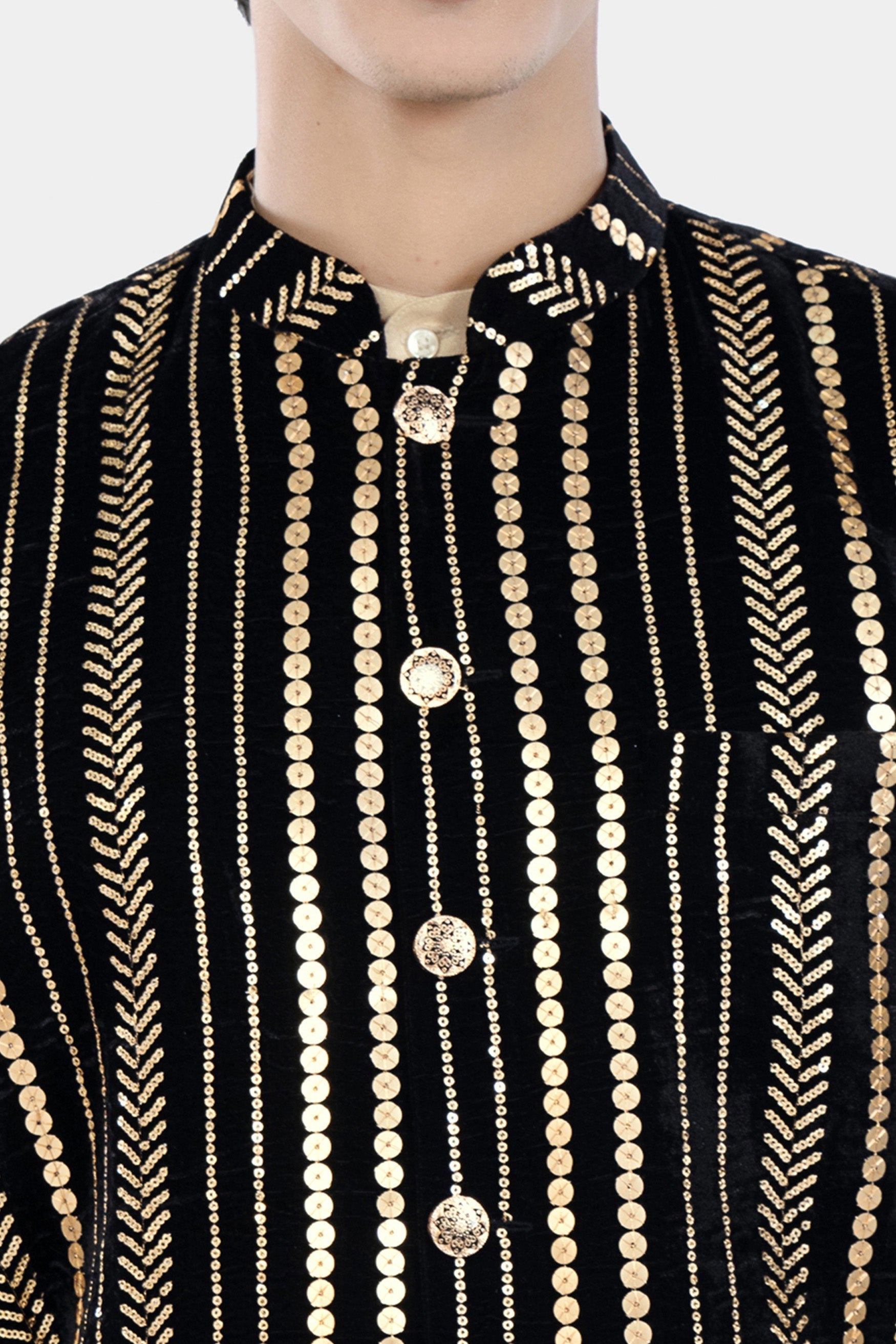 Jade Black Vertical Sequin Embroidered Designer Nehru Jacket