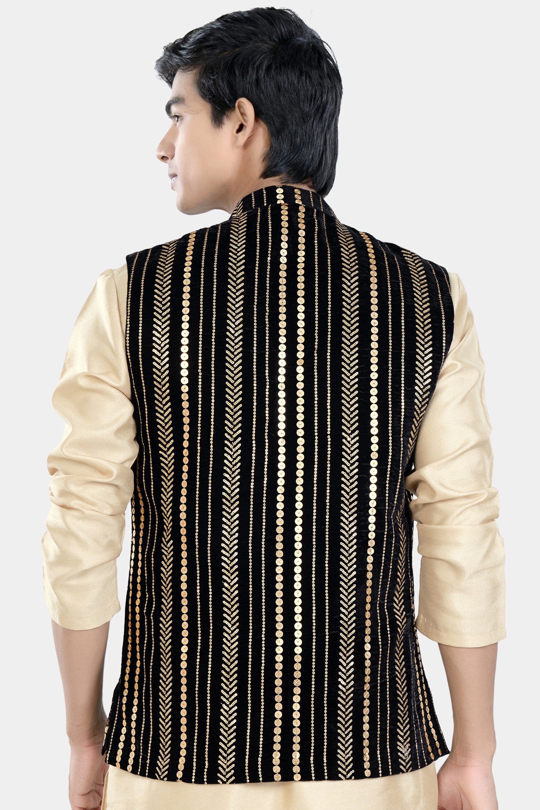 Jade Black Vertical Sequin Embroidered Designer Nehru Jacket
