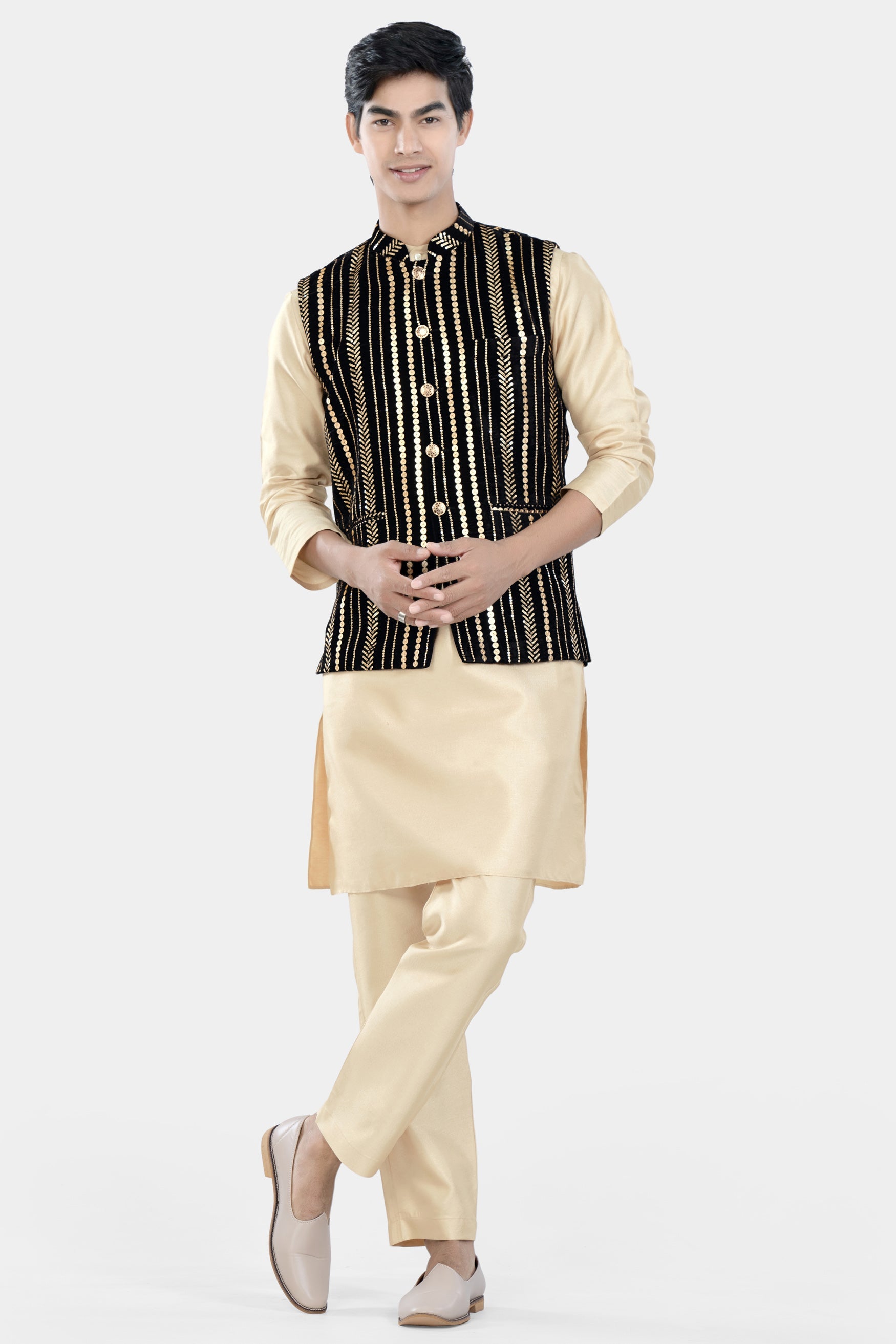 Jade Black Vertical Sequin Embroidered Designer Nehru Jacket