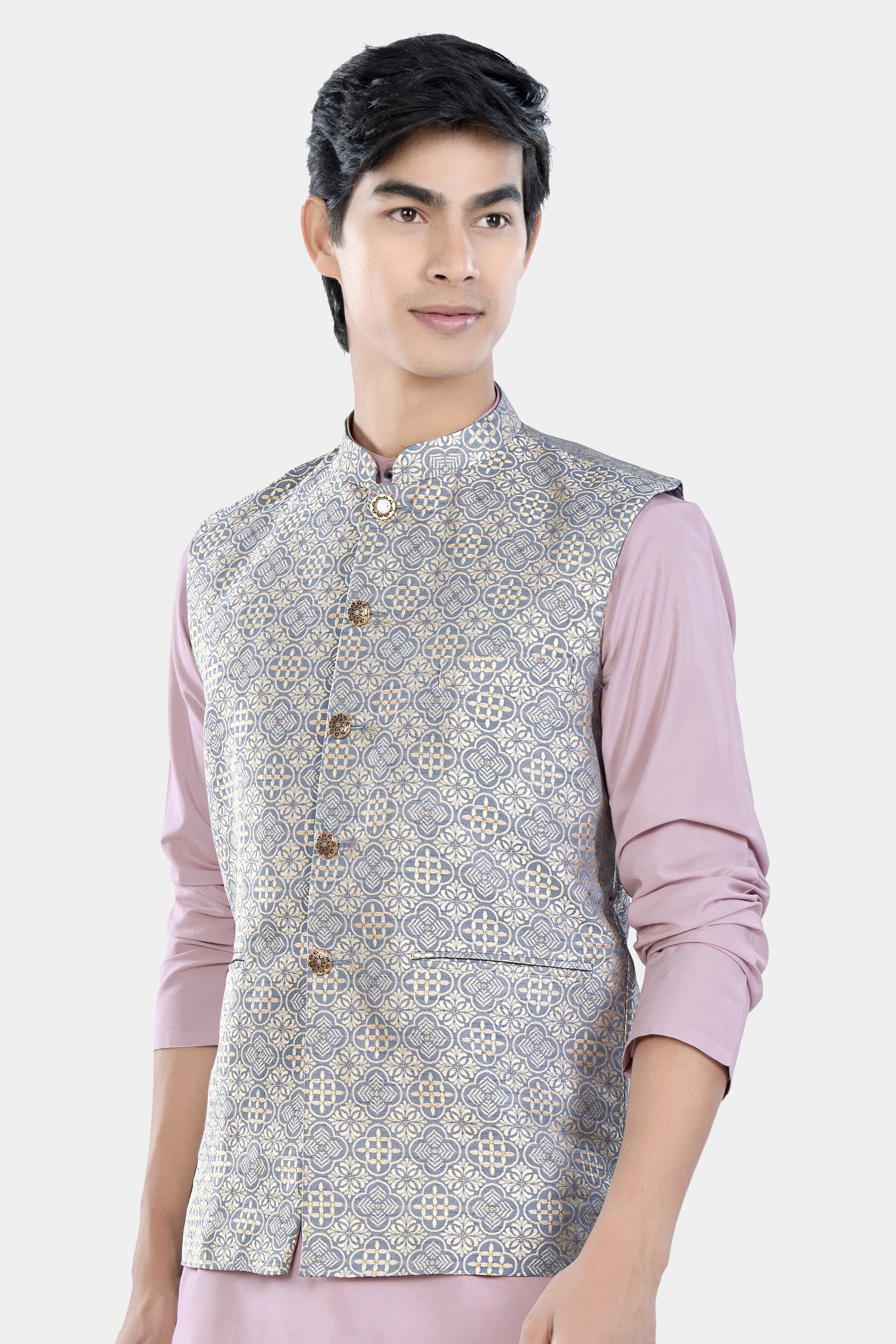 Cadet Blue and White Moroccan Jacquard Textured Designer Nehru Jacket