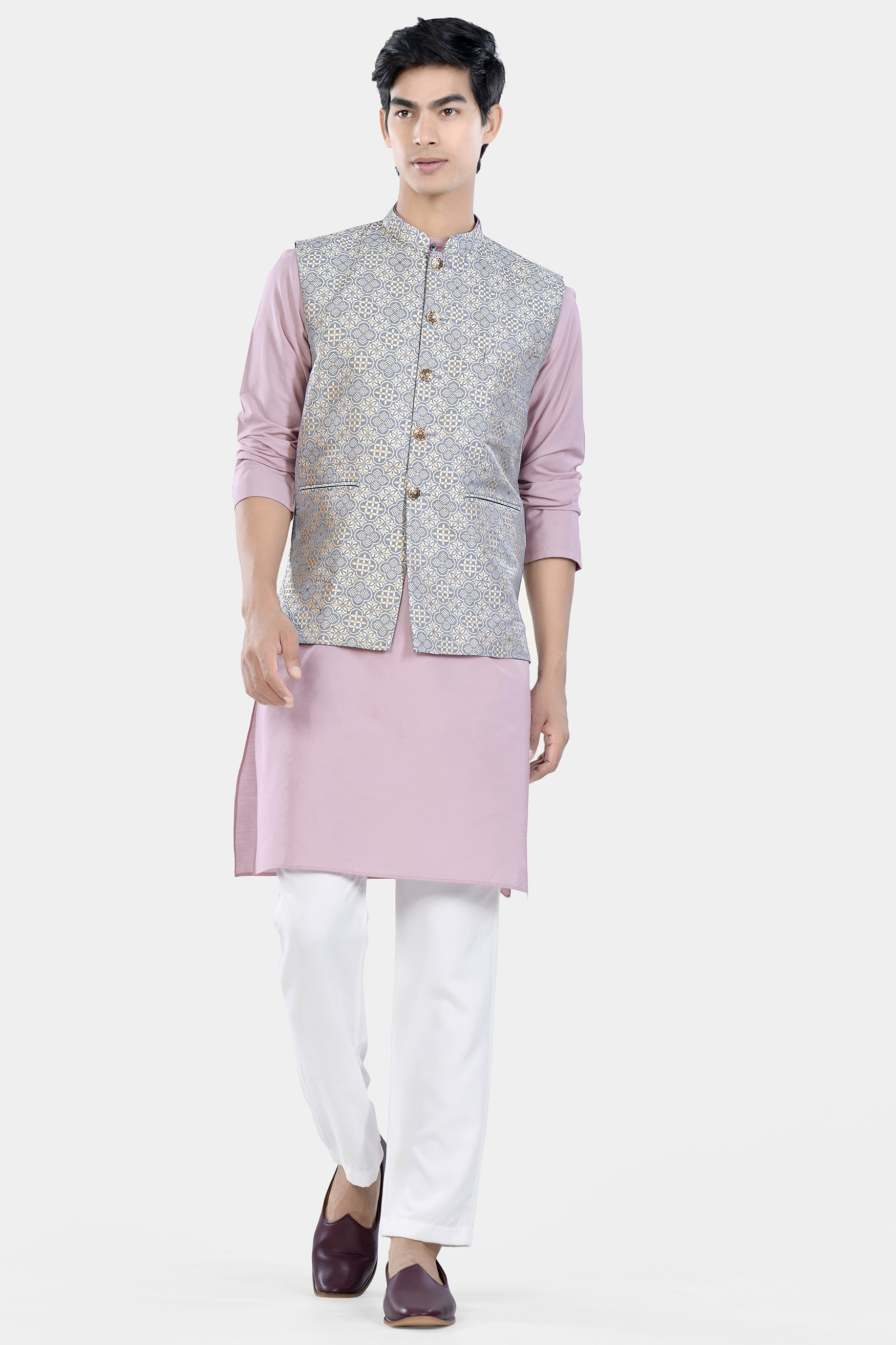Cadet Blue and White Moroccan Jacquard Textured Designer Nehru Jacket