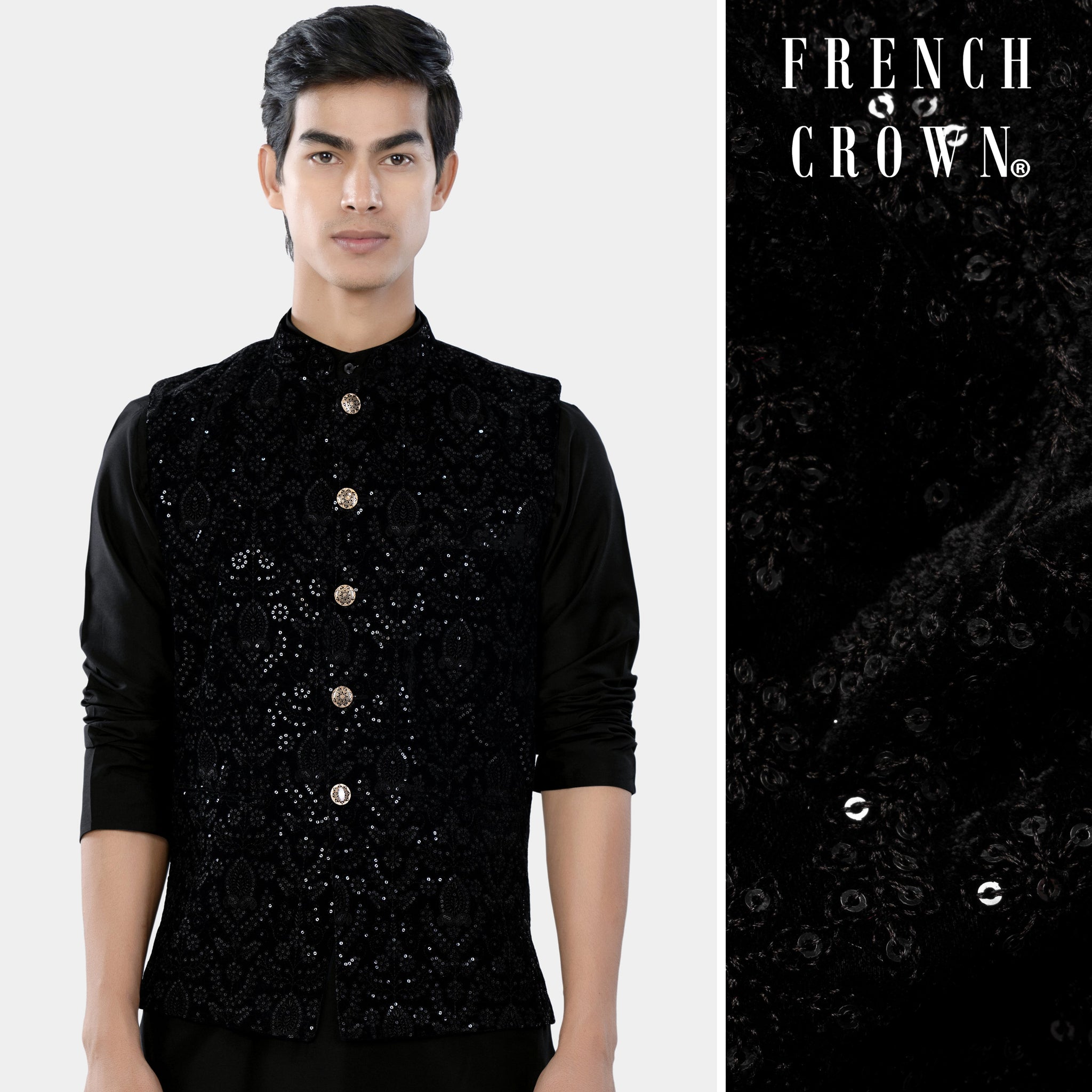 Men Velvet Sequin Work Nehru Jacket