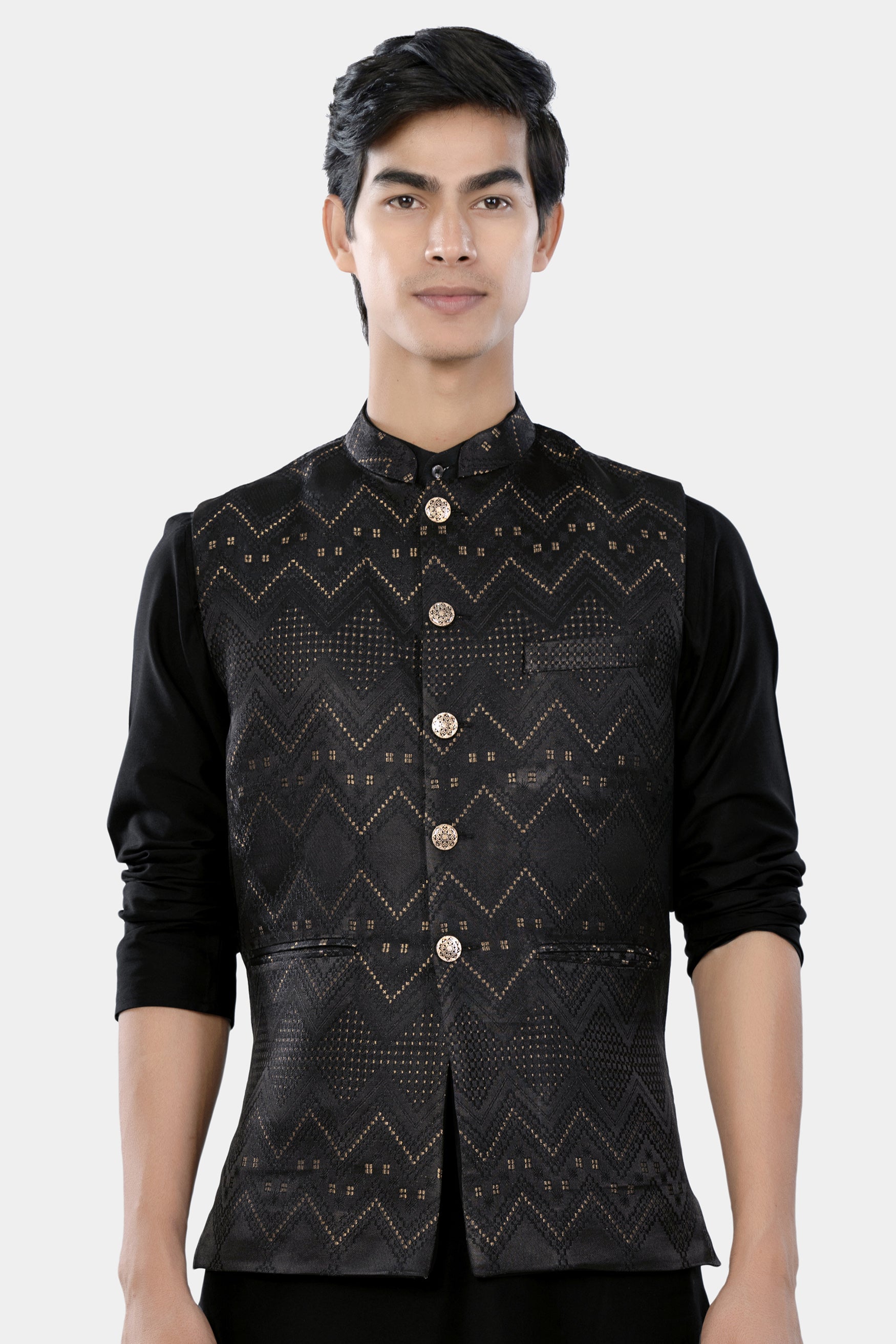 Jade Black and Sandrift Brown Chevron Thread Embroidered Designer Nehru Jacket WC3465-36, WC3465-38, WC3465-40, WC3465-42, WC3465-44, WC3465-46, WC3465-48, WC3465-50, WC3465-52, WC3465-54, WC3465-56, WC3465-58, WC3465-60