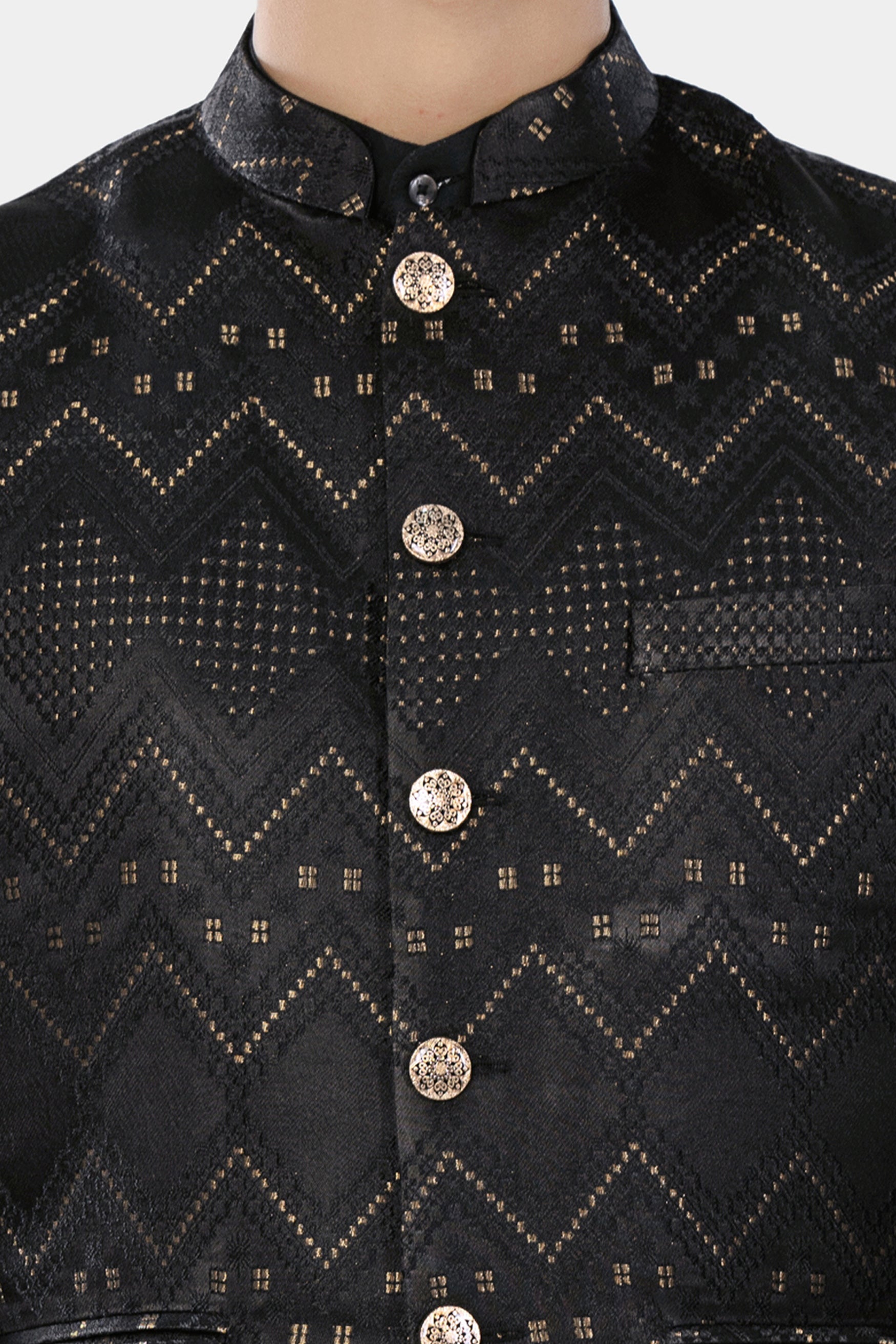 Jade Black and Sandrift Brown Chevron Thread Embroidered Designer Nehru Jacket WC3465-36, WC3465-38, WC3465-40, WC3465-42, WC3465-44, WC3465-46, WC3465-48, WC3465-50, WC3465-52, WC3465-54, WC3465-56, WC3465-58, WC3465-60